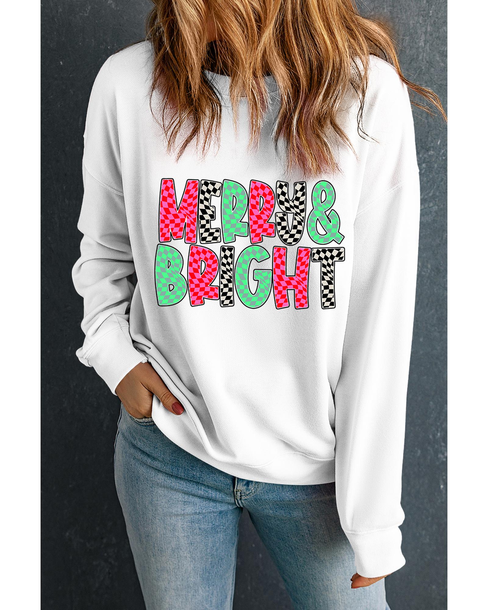 White MERRY & BRIGHT Checkered Print Crew Neck Sweatshirt - L