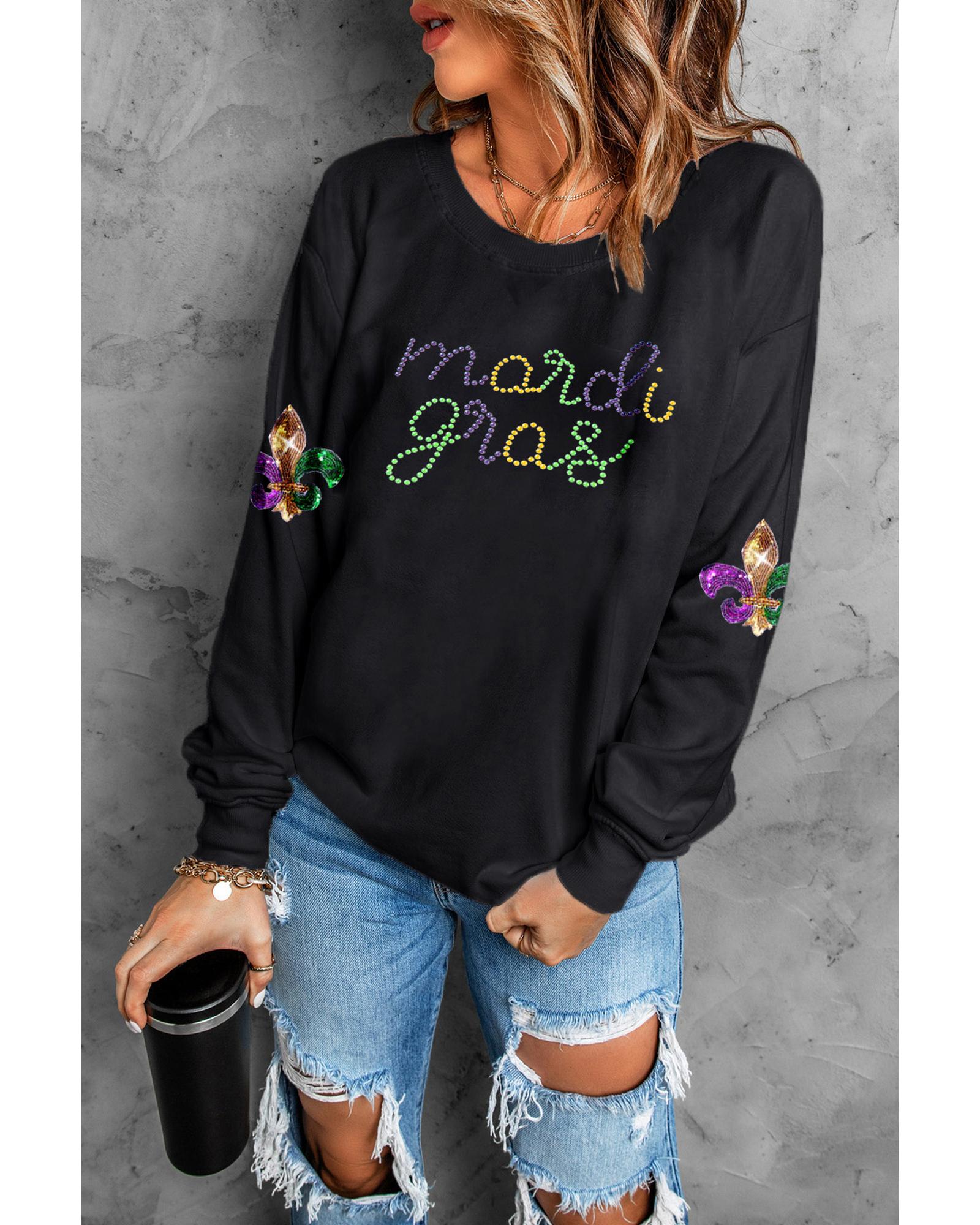 Black Ceramic Rhinestone mardi gras Letter Graphic Sweatshirt - XL