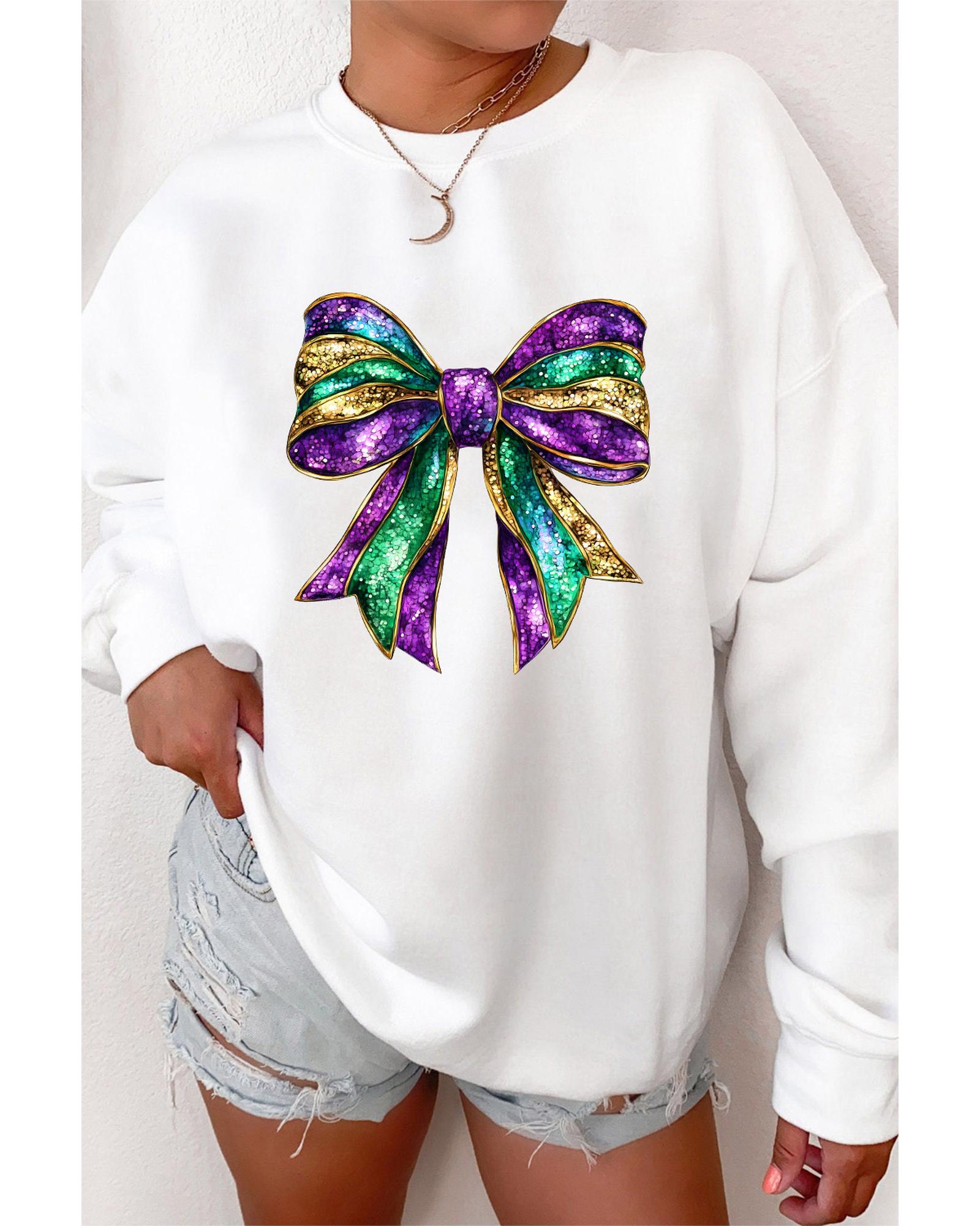 White Mardi Gras Bow Graphic Drop Shoulder Sweatshirt - M