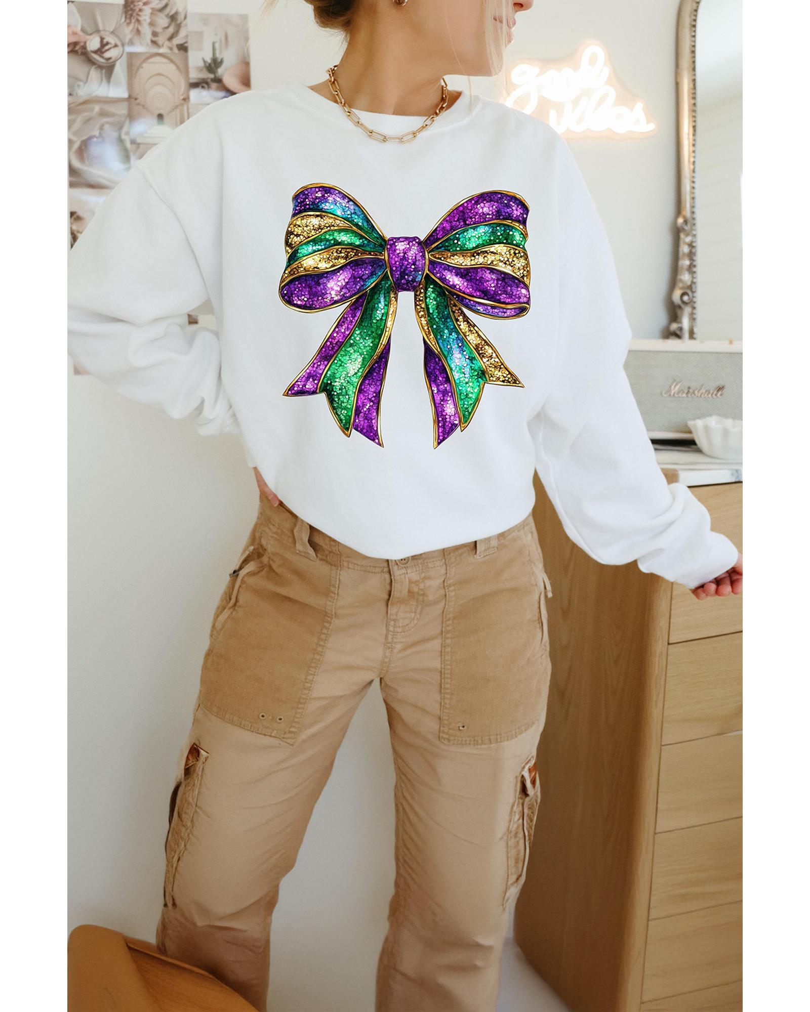 White Mardi Gras Bow Graphic Drop Shoulder Sweatshirt - M