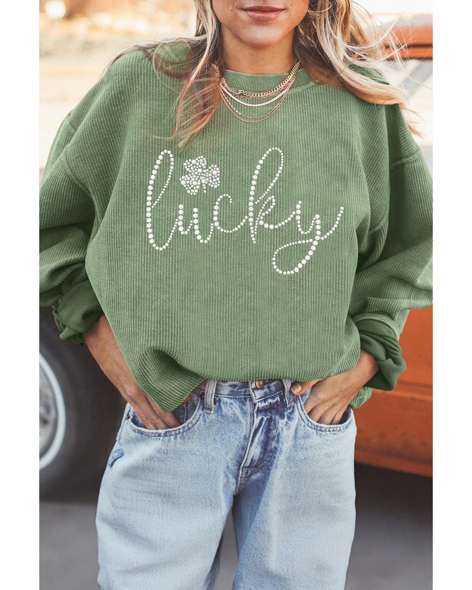 Grass Green Rhinestone lucky Clover Graphic Ribbed St Patrick Sweatshirt - S