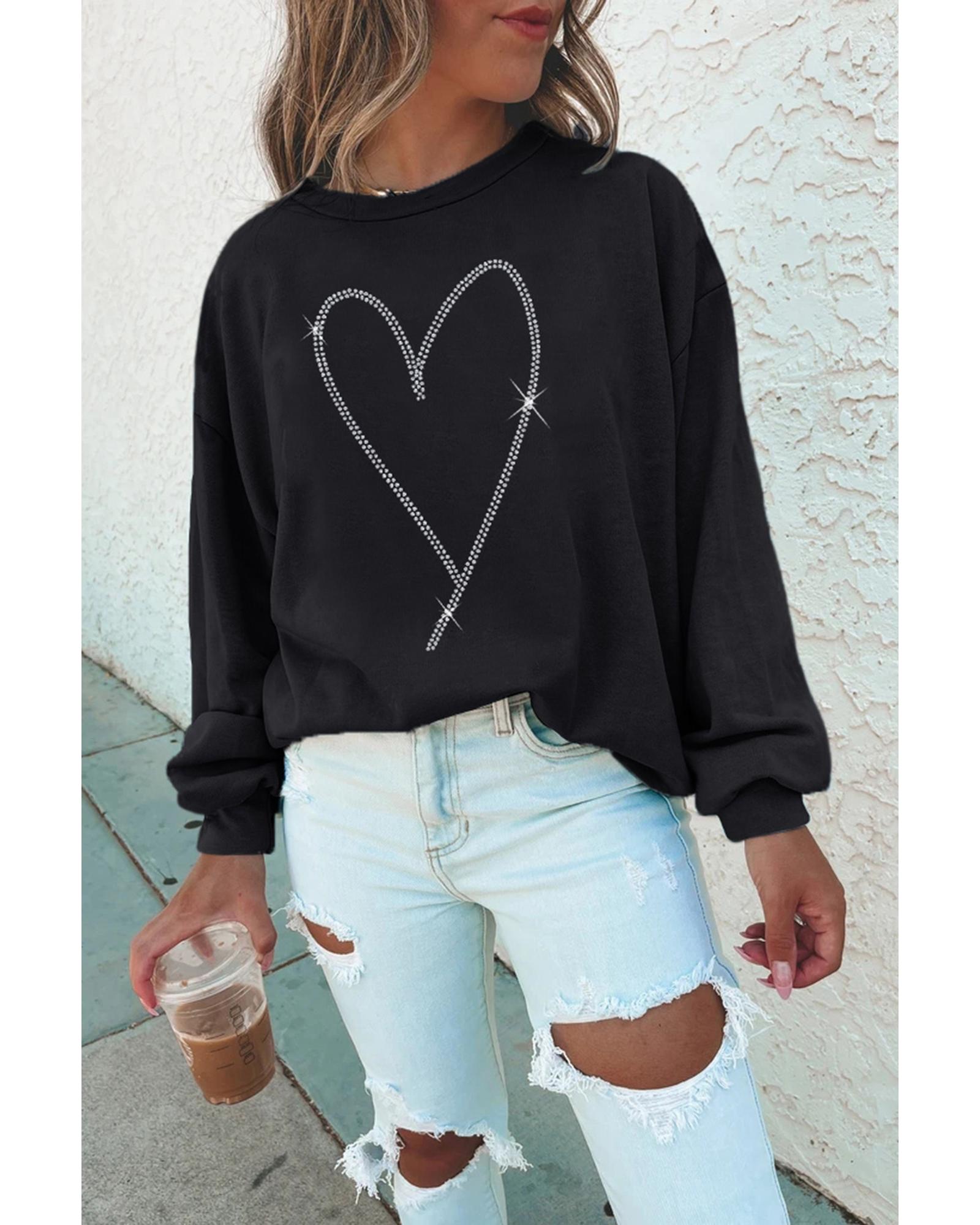Black Rhinestone Heart Pattern Valentines Fashion Sweatshirt - L