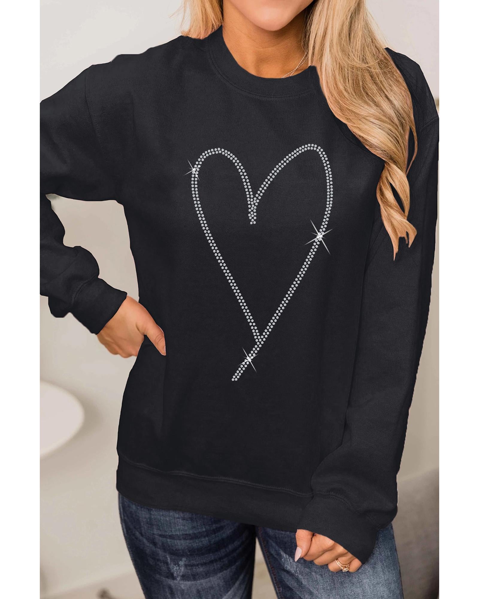 Black Rhinestone Heart Pattern Valentines Fashion Sweatshirt - M