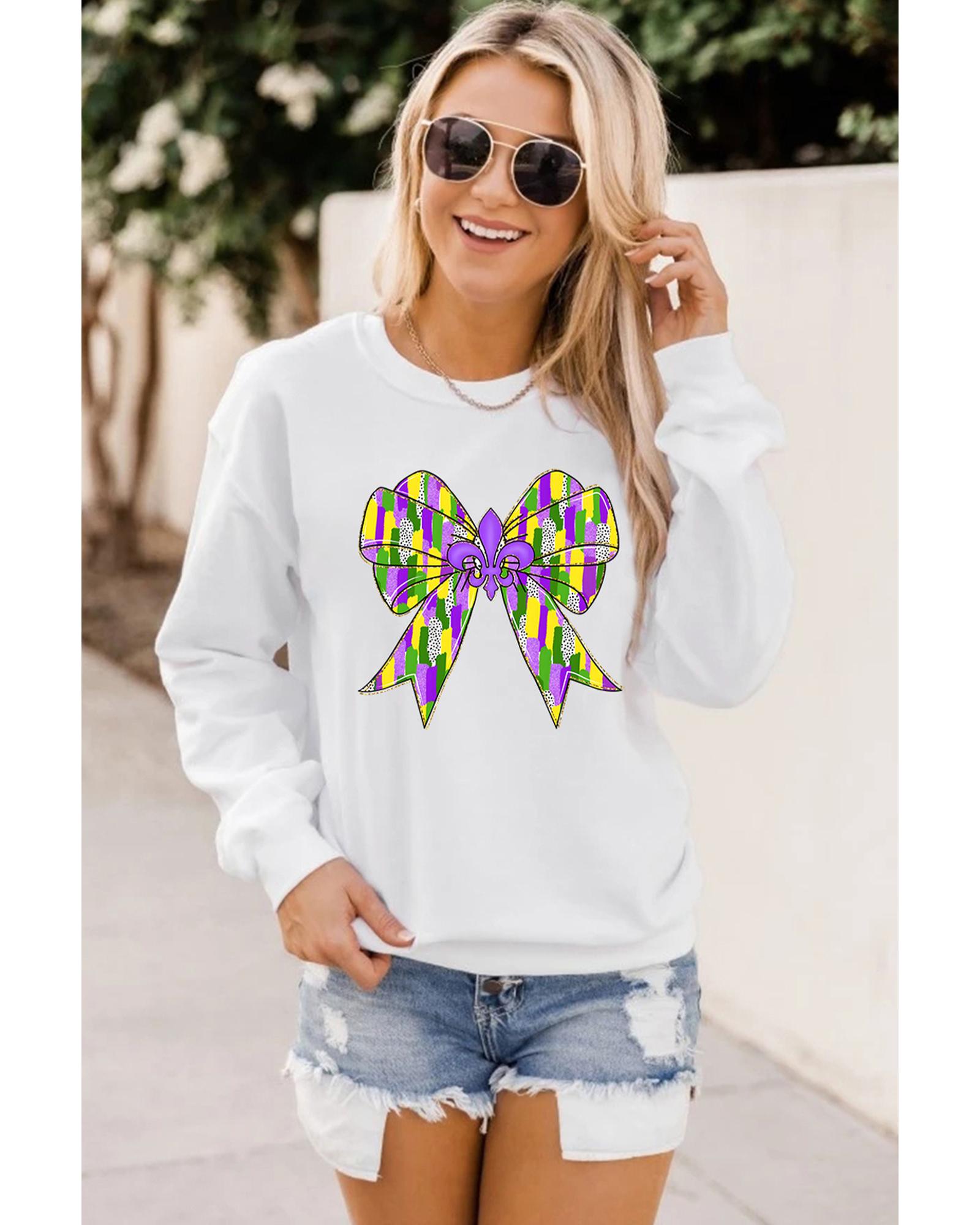 White Mardi Gras Bowknot Graphic Pullover Sweatshirt - L
