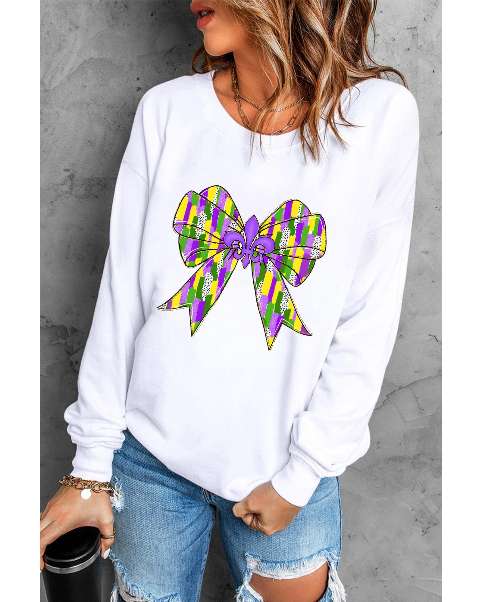 White Mardi Gras Bowknot Graphic Pullover Sweatshirt - L