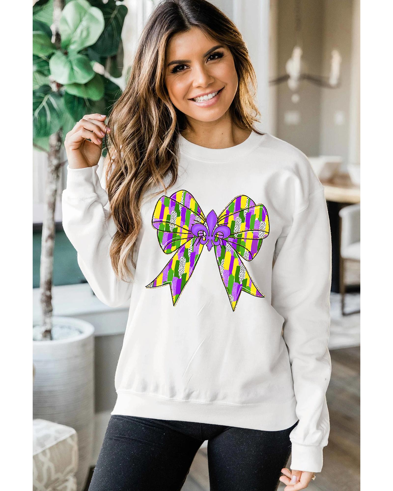 White Mardi Gras Bowknot Graphic Pullover Sweatshirt - M