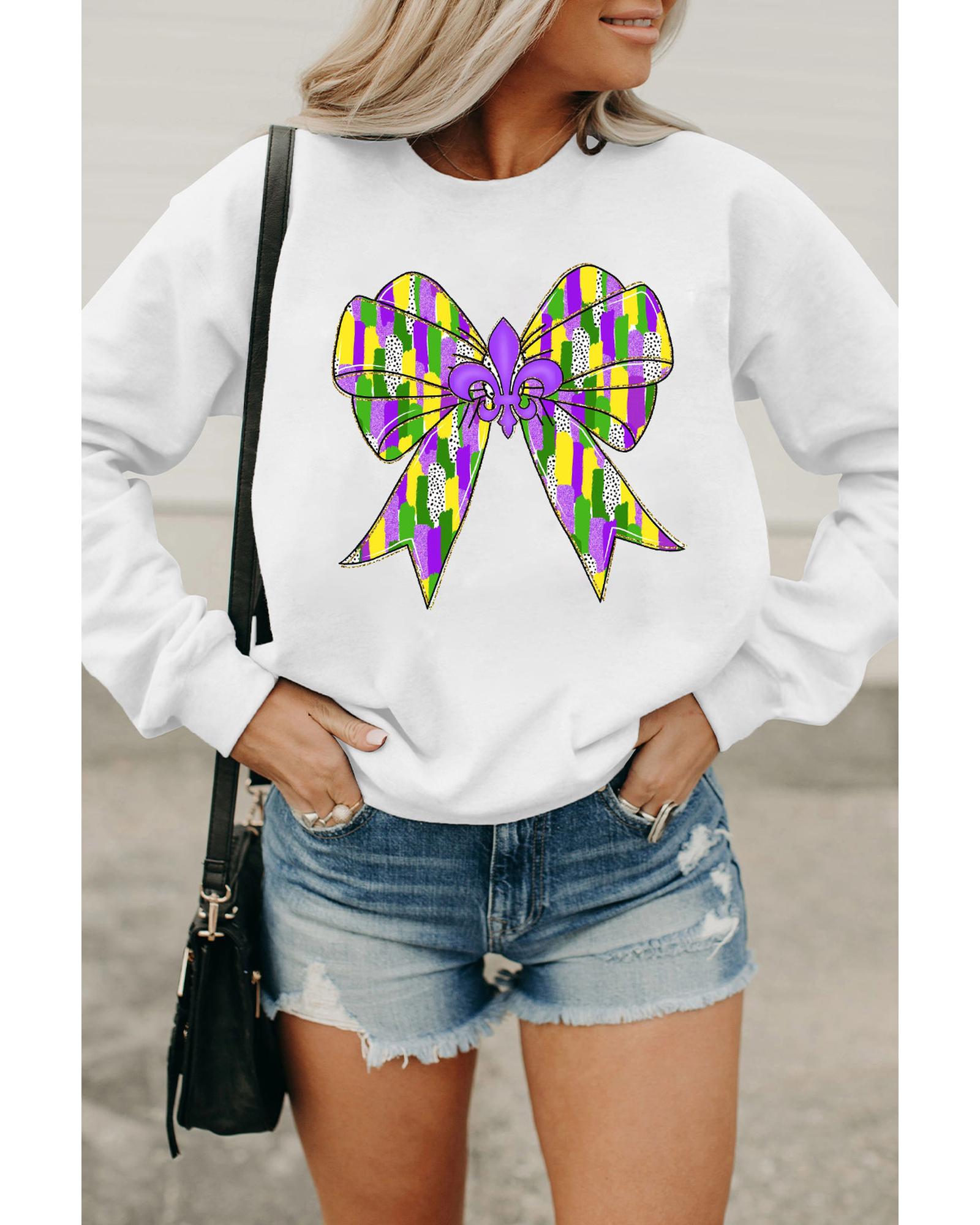 White Mardi Gras Bowknot Graphic Pullover Sweatshirt - XL