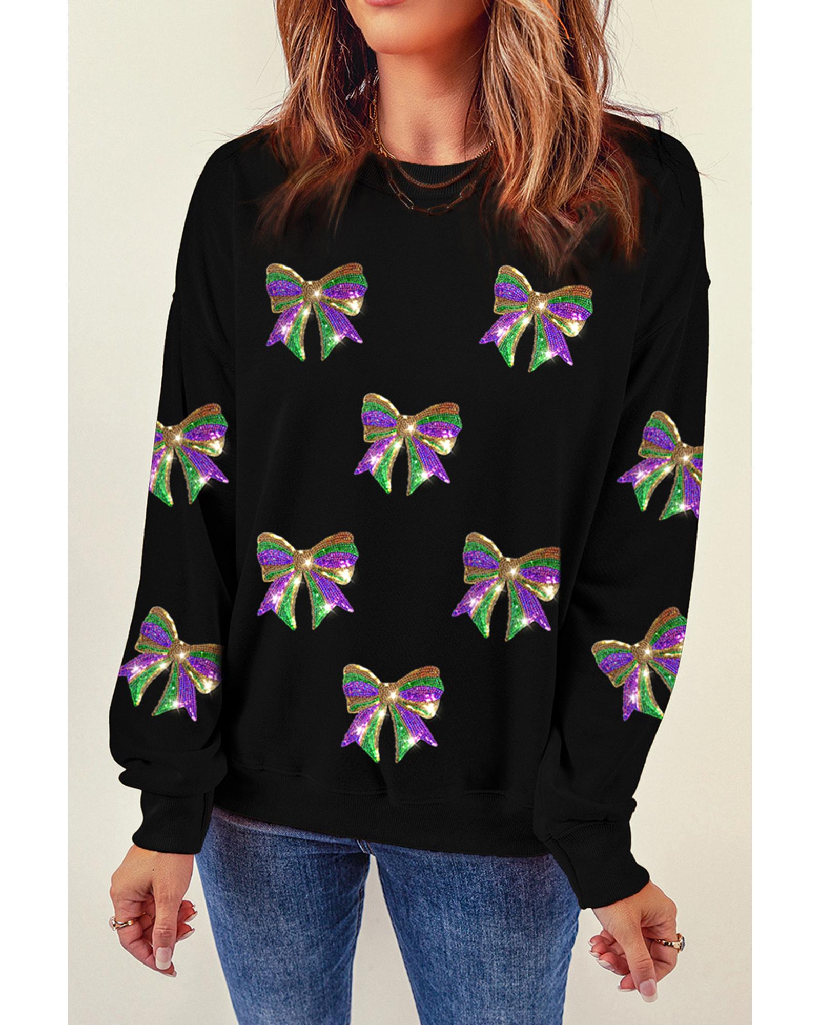 Black Sequin Mardi Gras Bow Graphic Drop Shoulder Pullover Sweatshirt - L