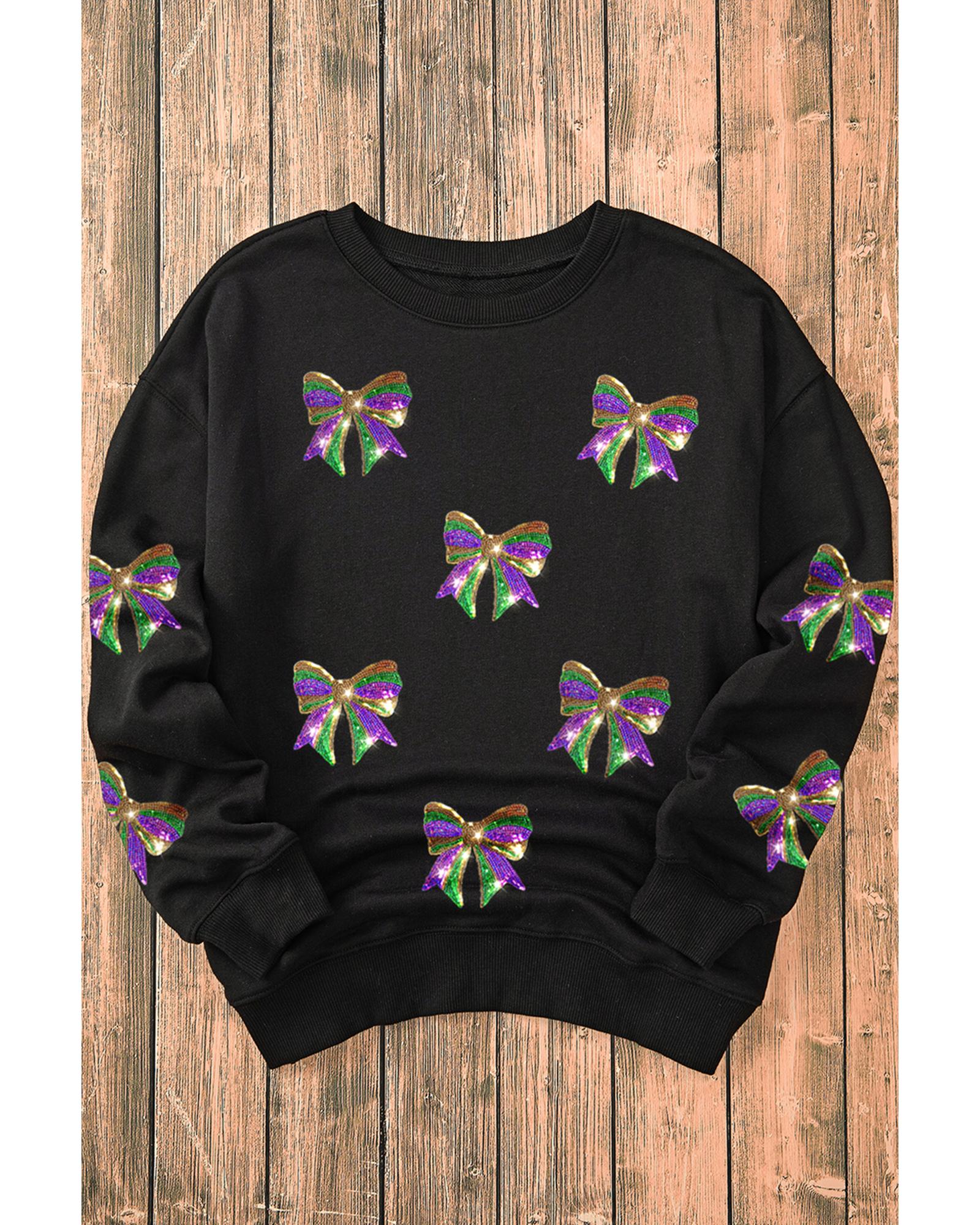 Black Sequin Mardi Gras Bow Graphic Drop Shoulder Pullover Sweatshirt - S