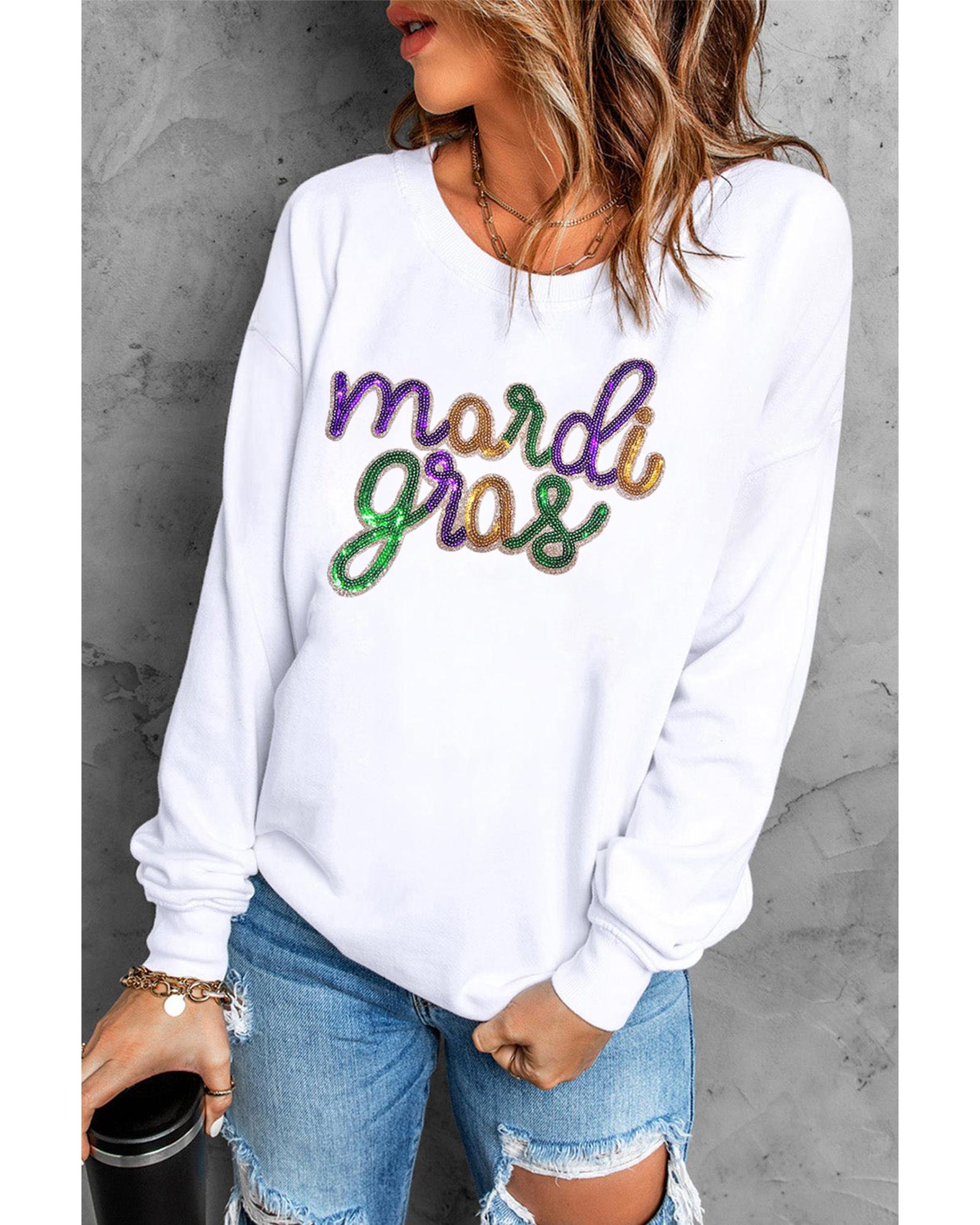White Sequined mardi gras Graphic Crew Neck Drop Shoulder Sweatshirt - XL