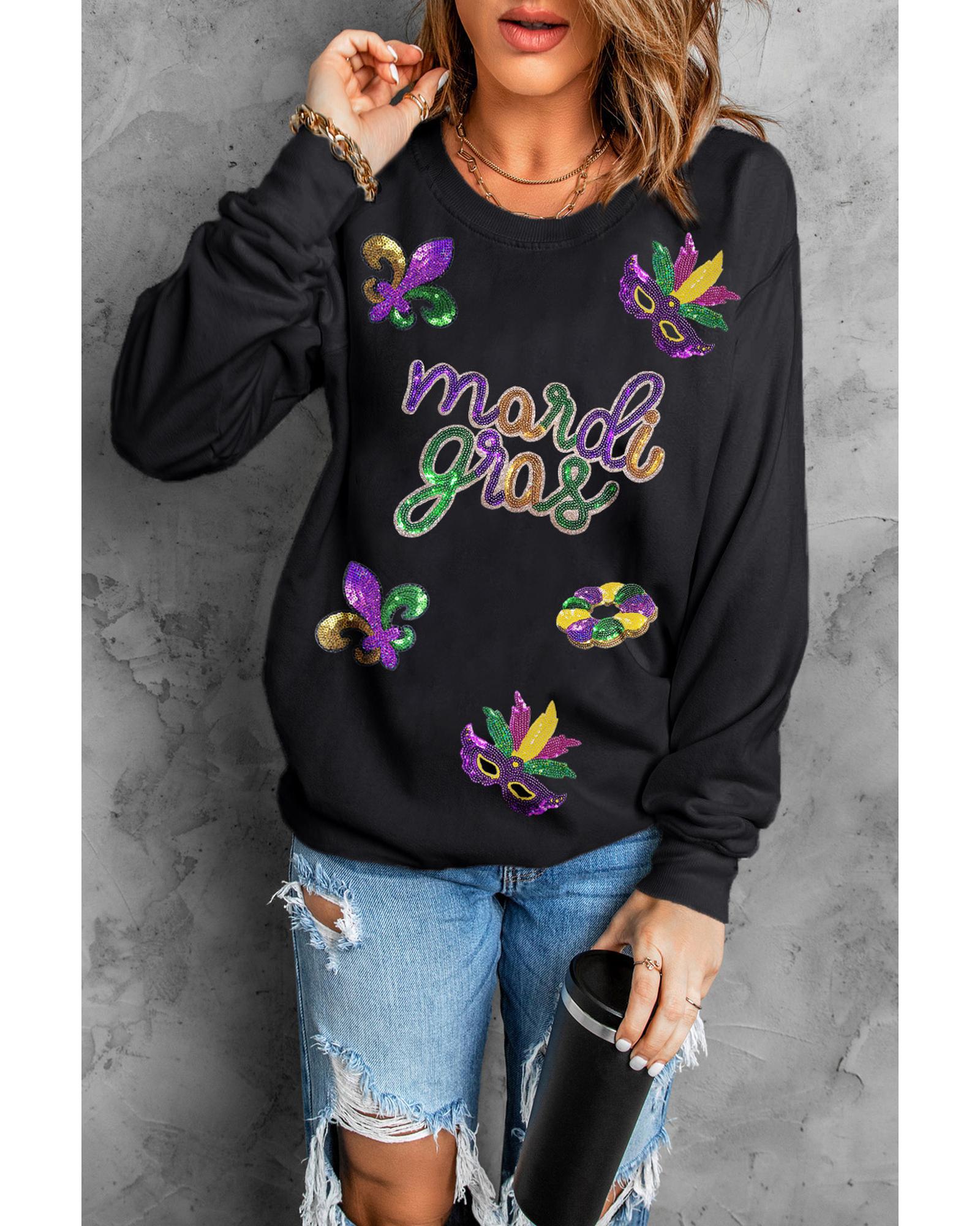 Black Sequin mardi gras Fleur de Lis Graphic Pullover Sweatshirt - L