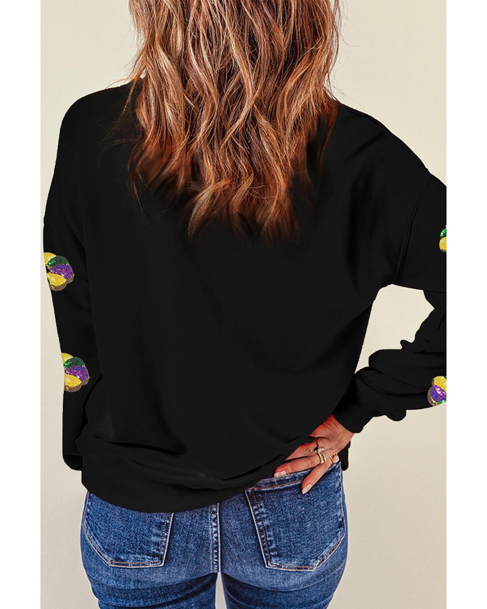 Black Sequined Donuts of Mardi Gras Colors Drop Shoulder Sweatshirt - M