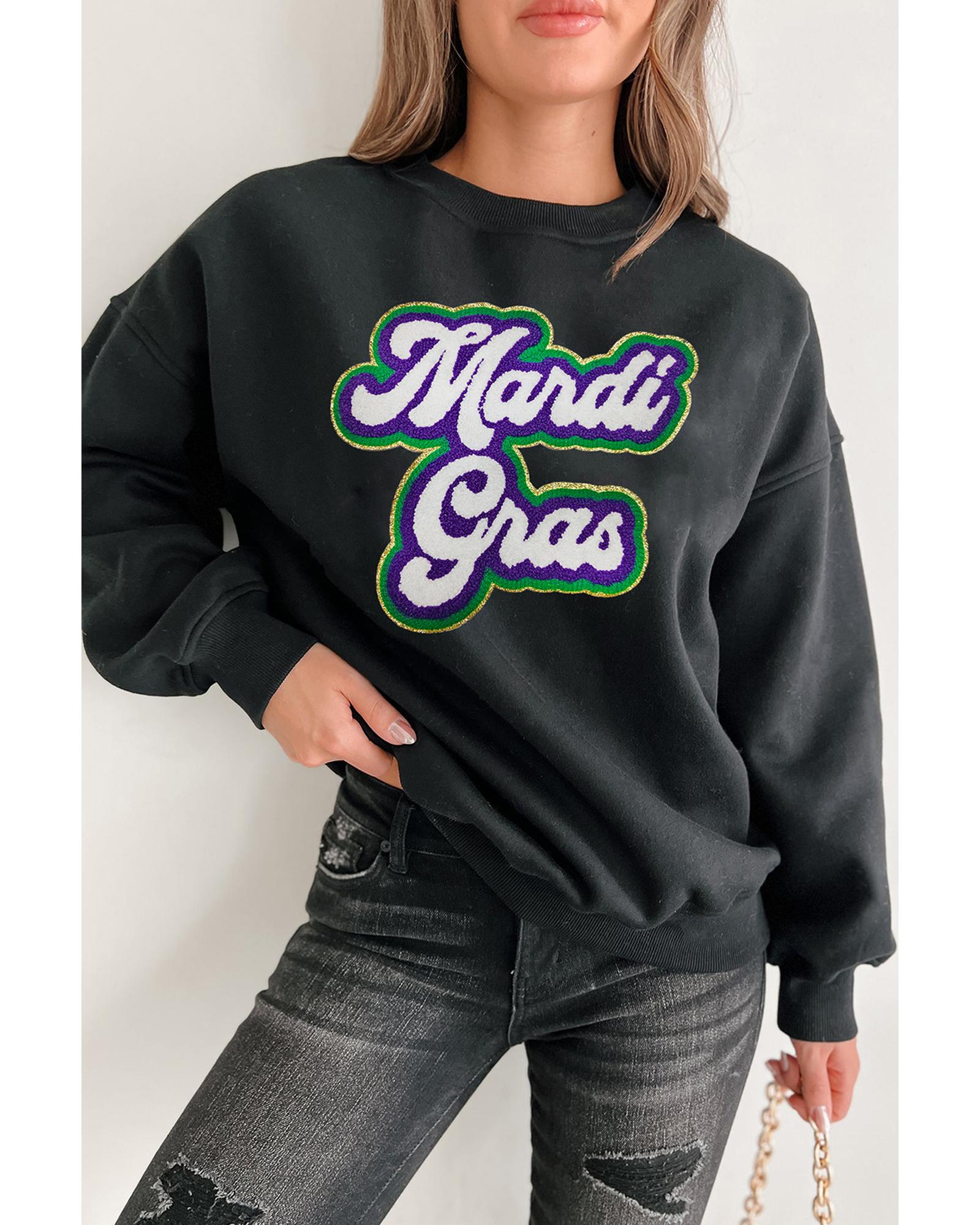 Black Mardi Gras Chenille Patched Graphic Drop Shoulder Sweatshirt - M