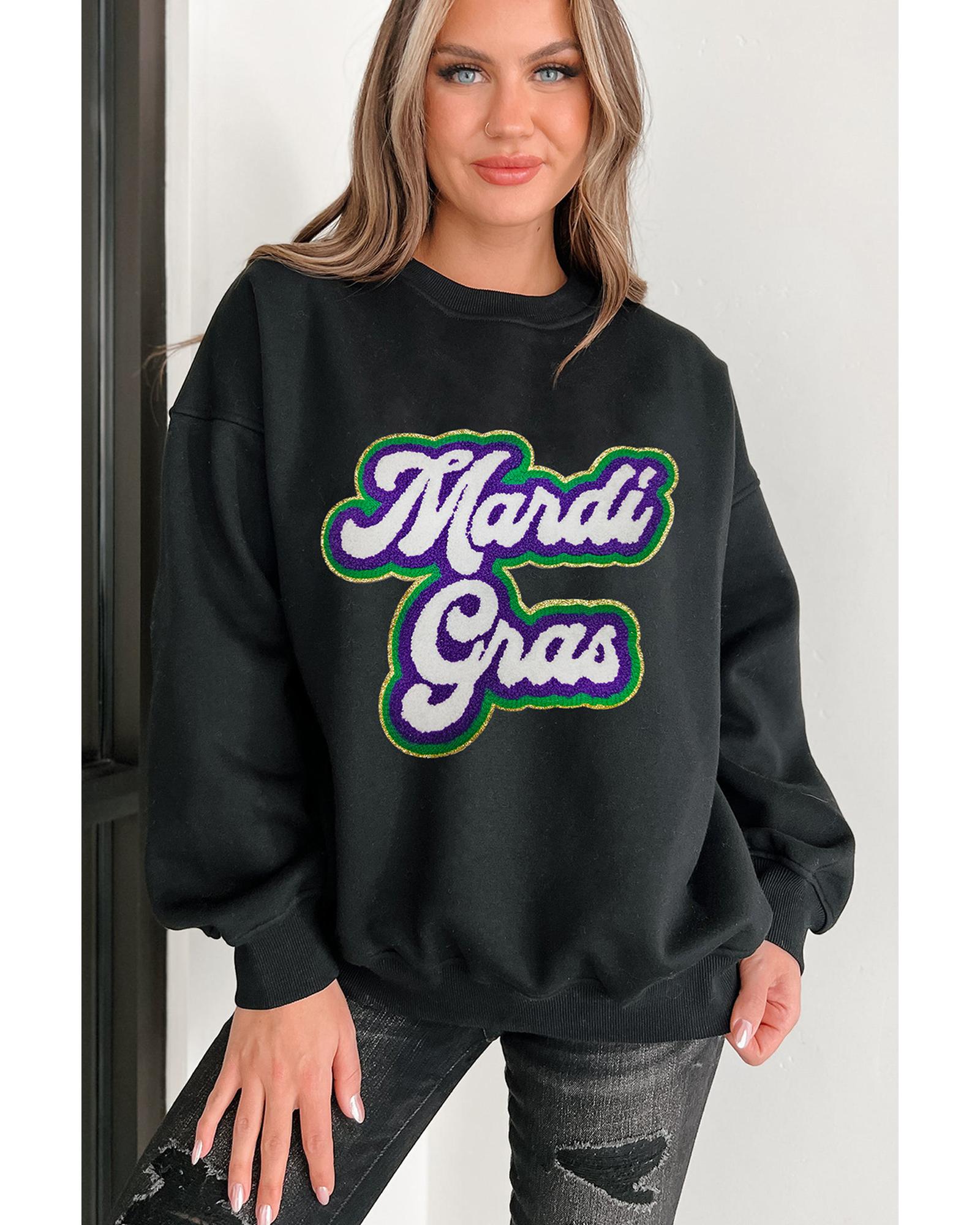 Black Mardi Gras Chenille Patched Graphic Drop Shoulder Sweatshirt - M