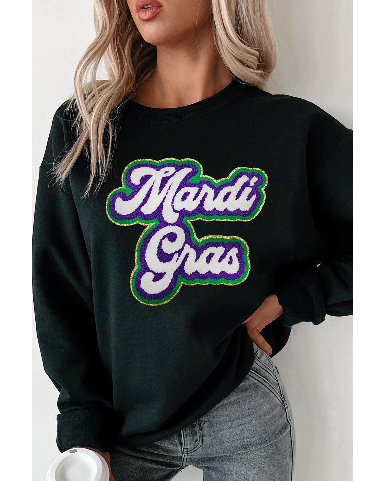 Black Mardi Gras Chenille Patched Graphic Drop Shoulder Sweatshirt - M