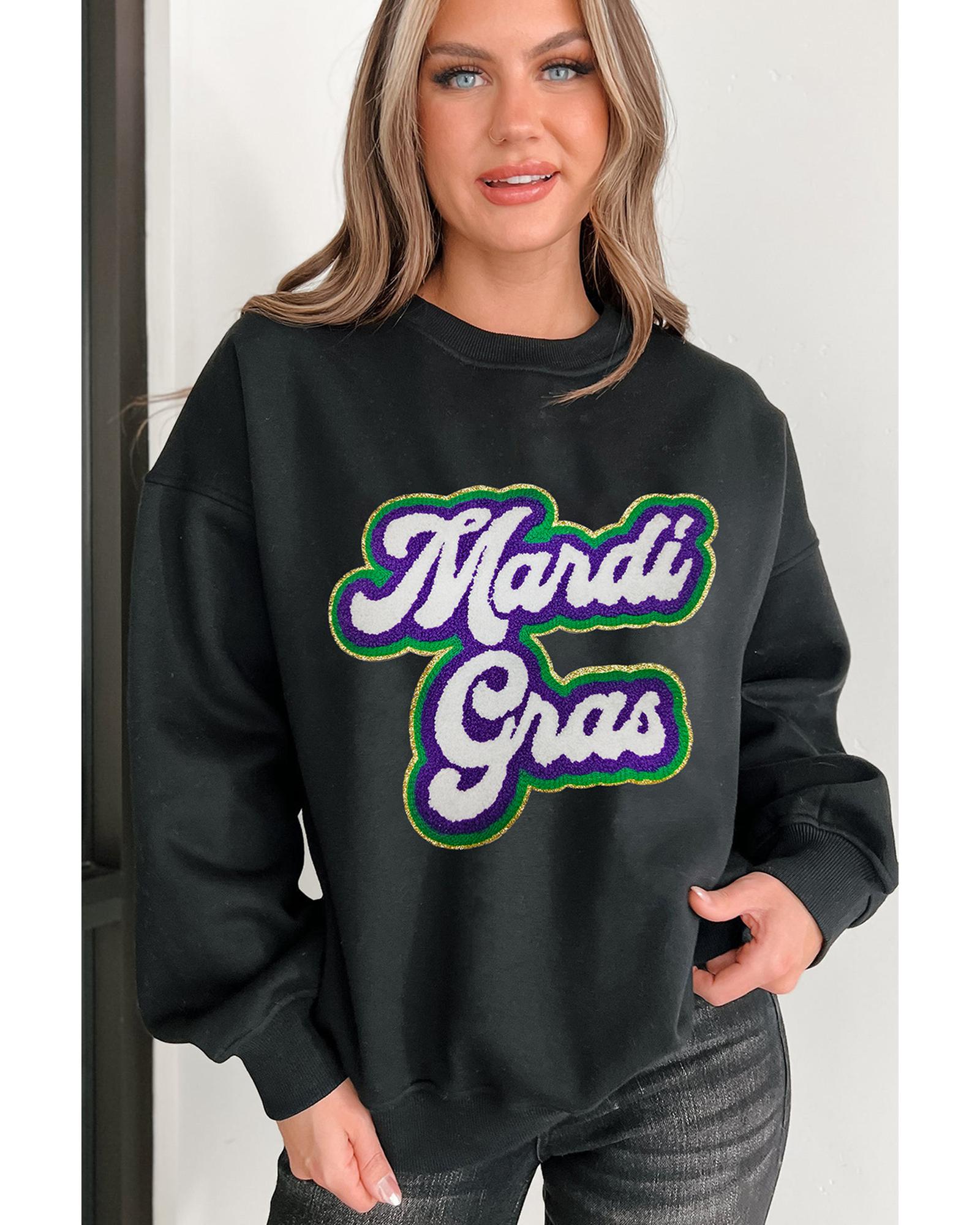 Black Mardi Gras Chenille Patched Graphic Drop Shoulder Sweatshirt - M