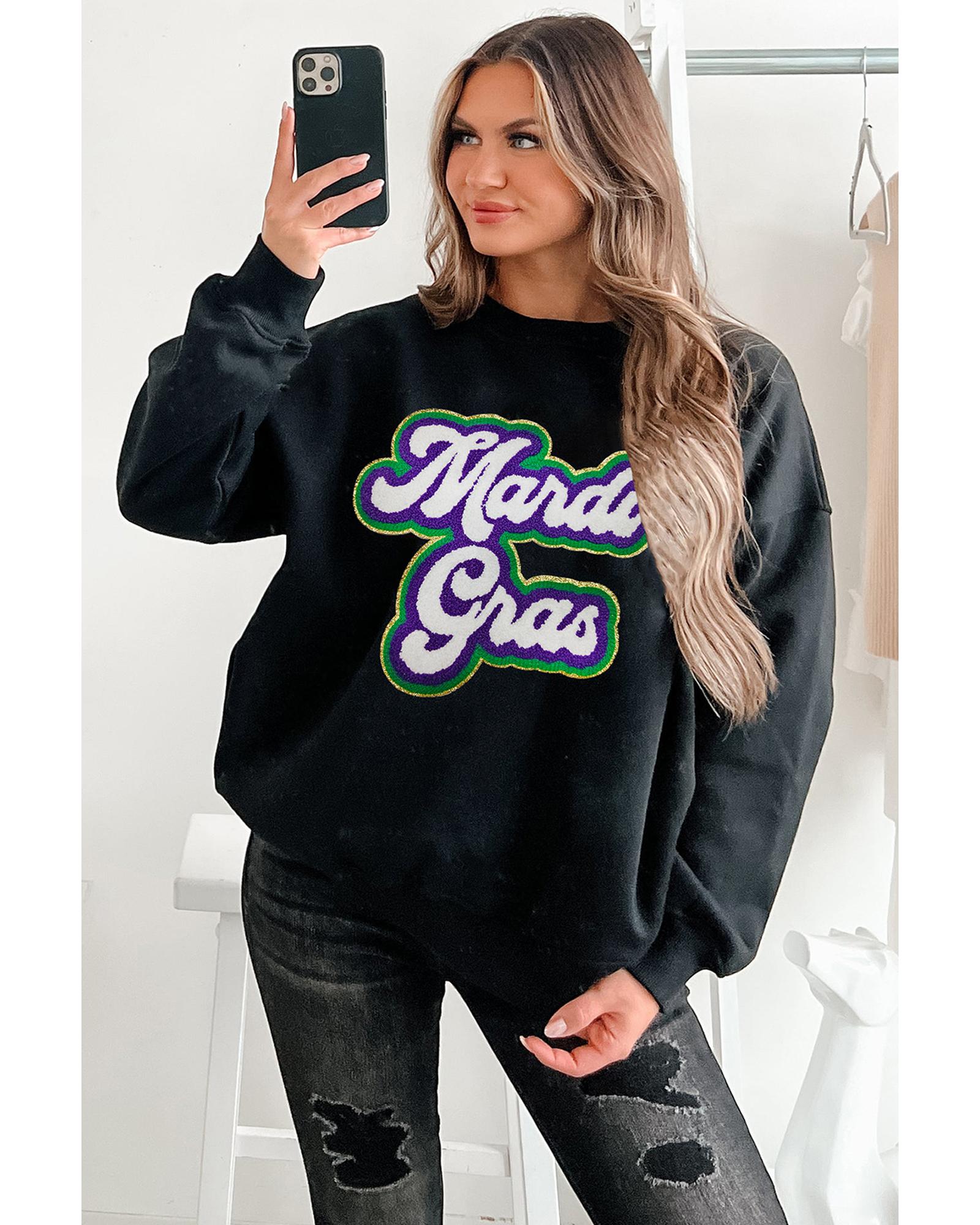 Black Mardi Gras Chenille Patched Graphic Drop Shoulder Sweatshirt - M