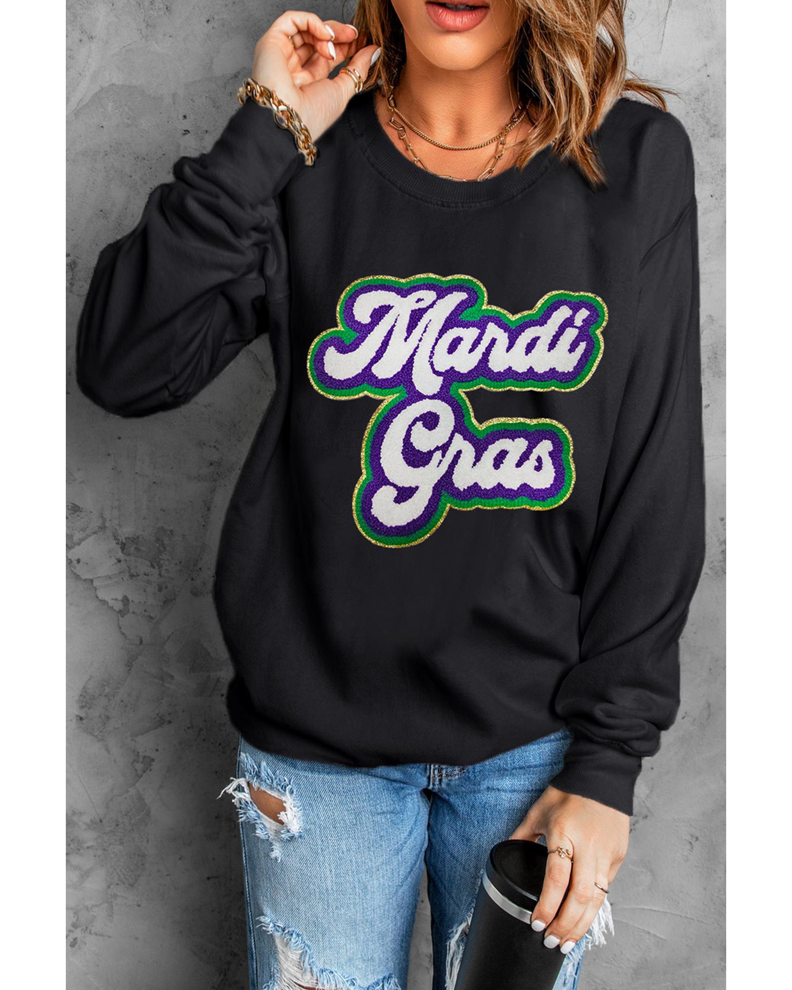 Black Mardi Gras Chenille Patched Graphic Drop Shoulder Sweatshirt - M