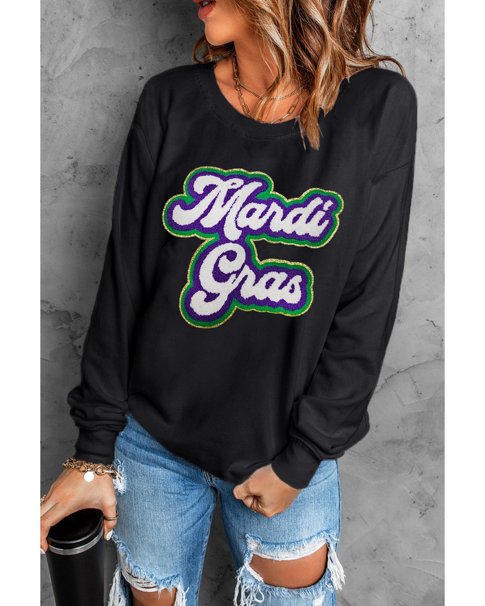 Black Mardi Gras Chenille Patched Graphic Drop Shoulder Sweatshirt - M