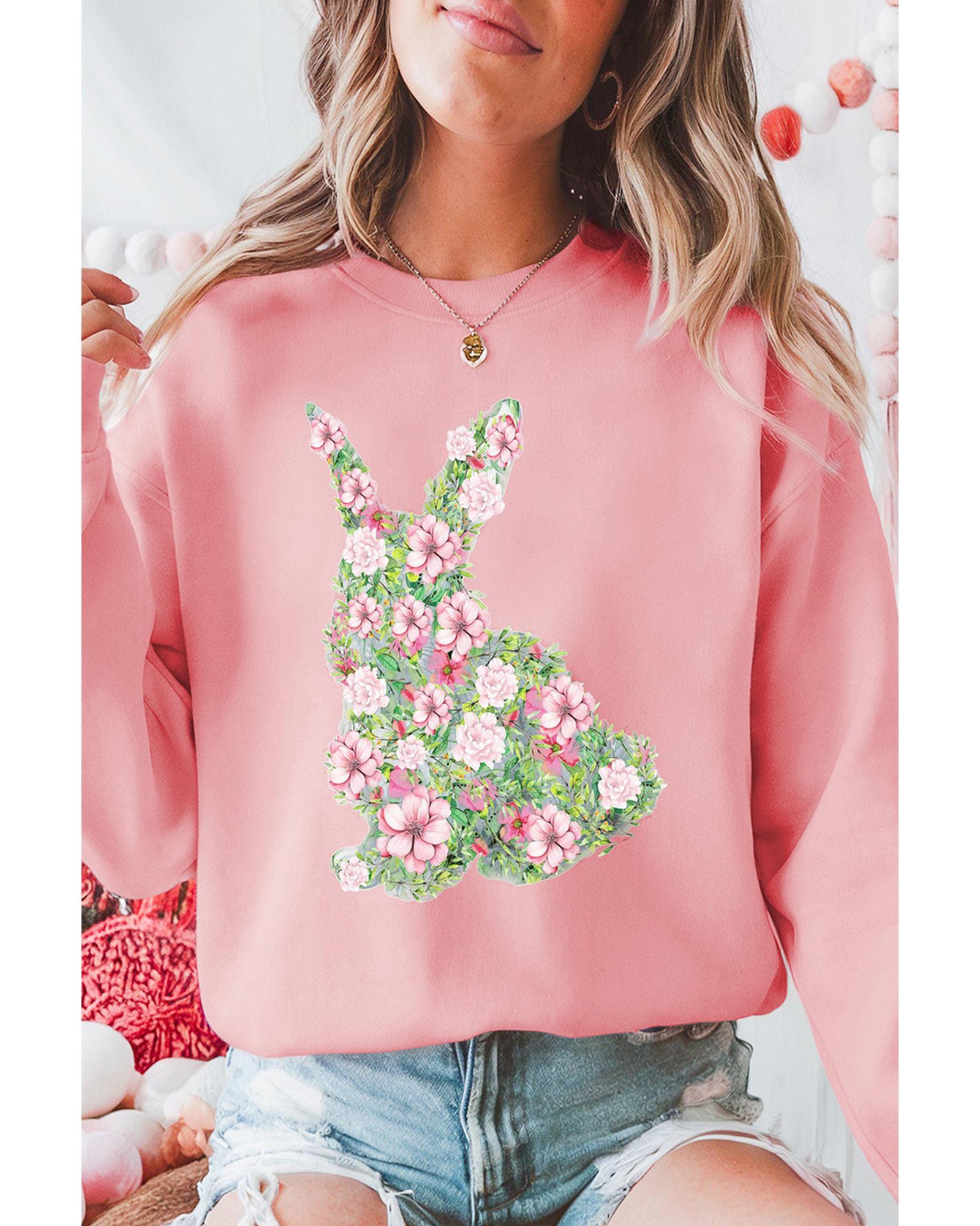 Pink Floral Bunny Printed Crewneck Easter Fashion Sweatshirt - L