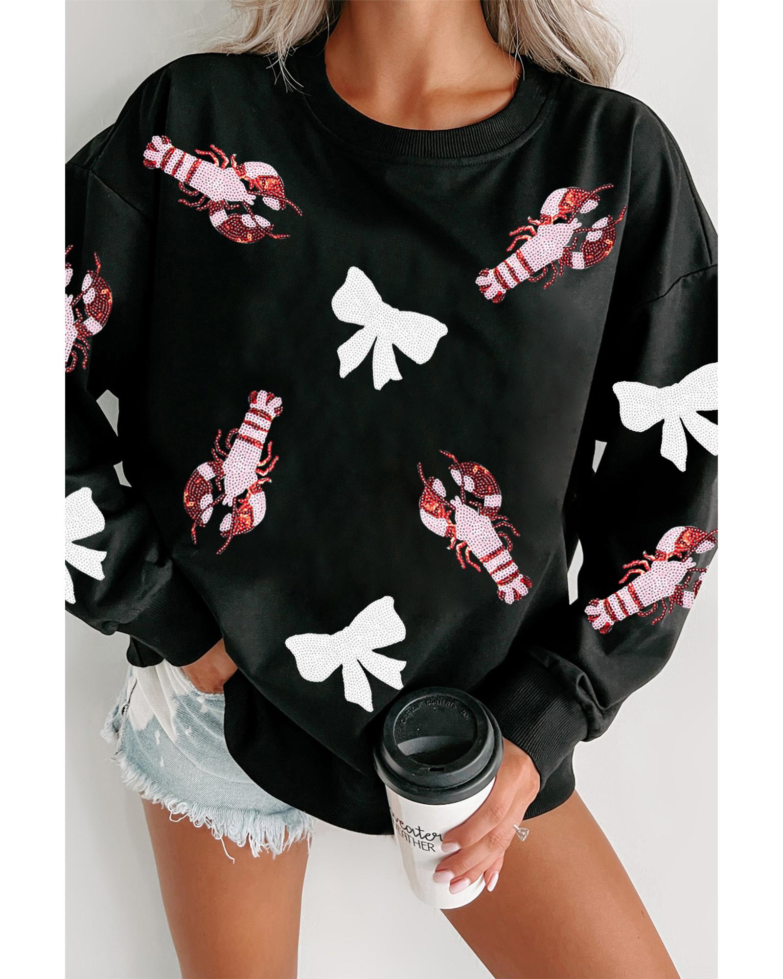 Black Crawfish Bow Sequin Patched Graphic Sweatshirt - S