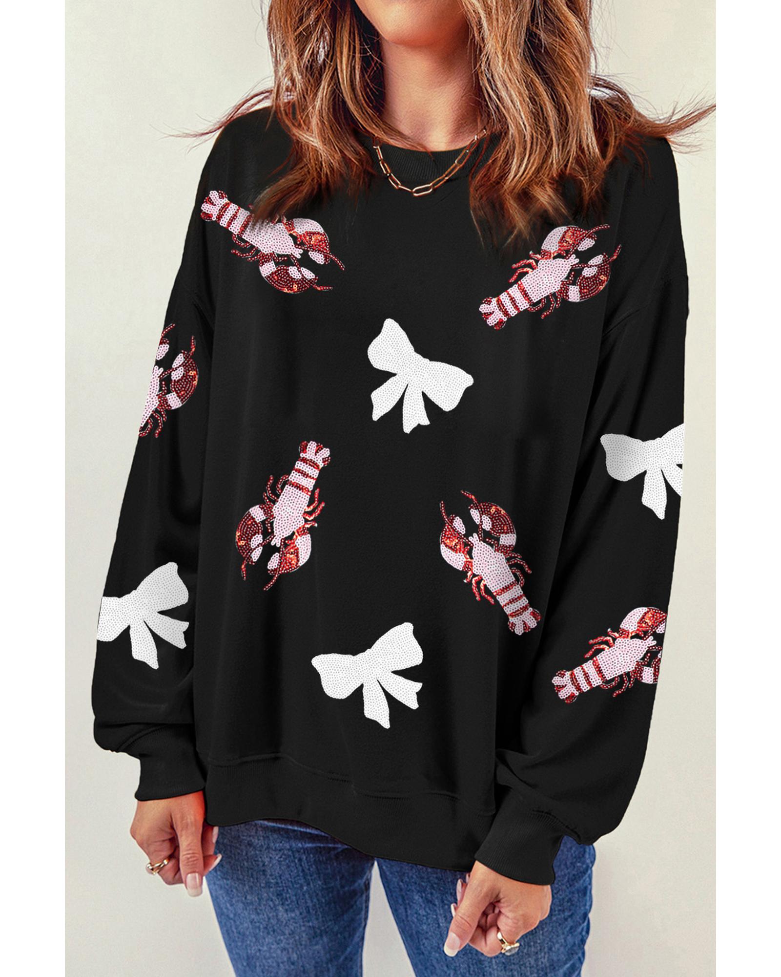 Black Crawfish Bow Sequin Patched Graphic Sweatshirt - S