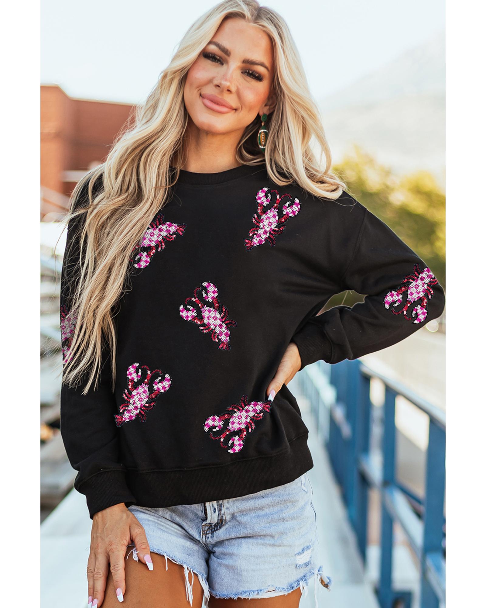 Black Sequined Crawfish Graphic Drop Shoulder Sweatshirt - XL