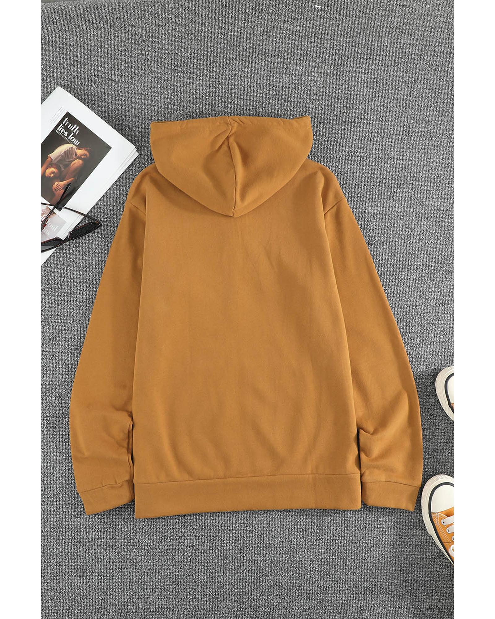 Brown Zip-Up Pocket Drawstring Hoodie Jacket - M