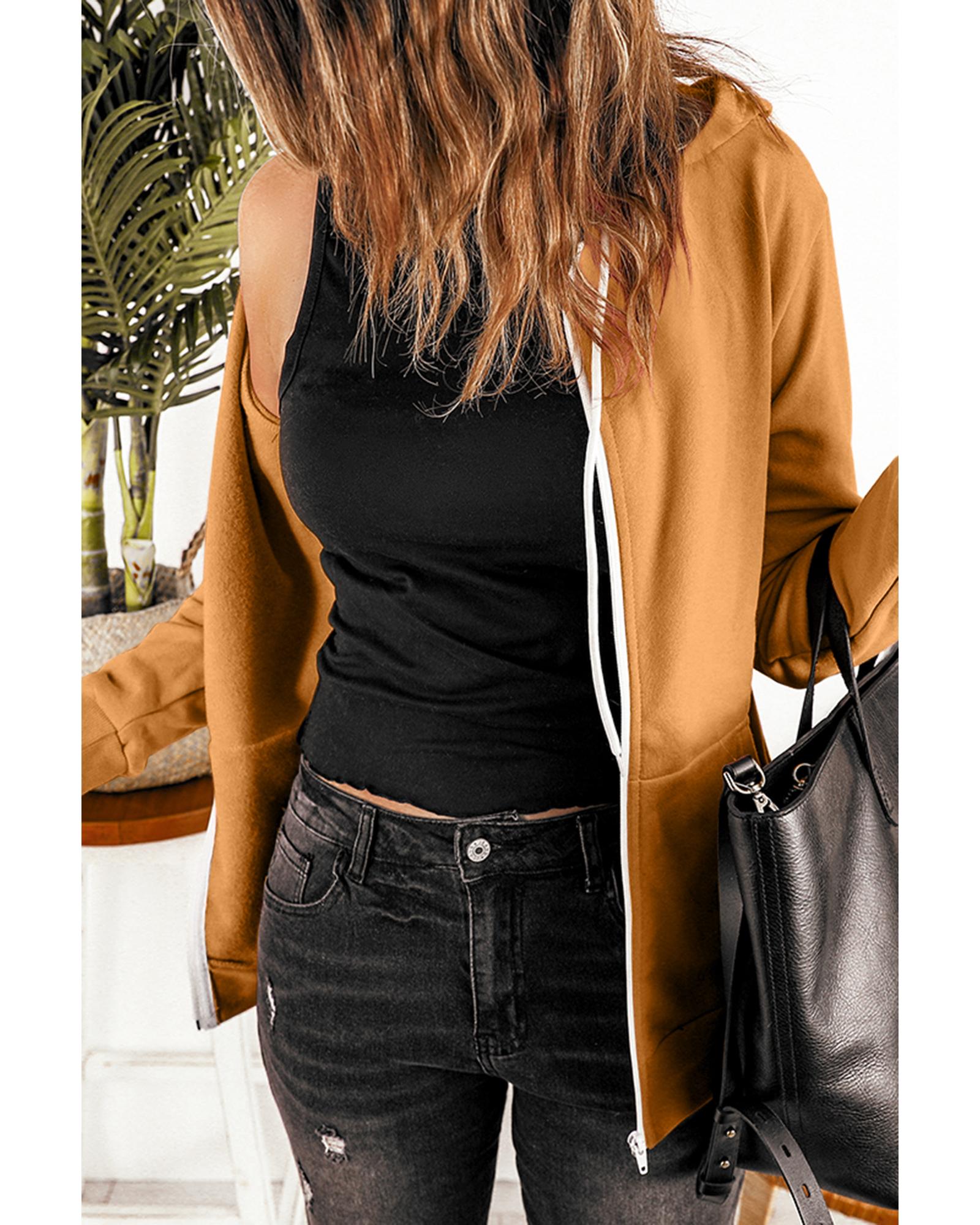 Brown Zip-Up Pocket Drawstring Hoodie Jacket - M