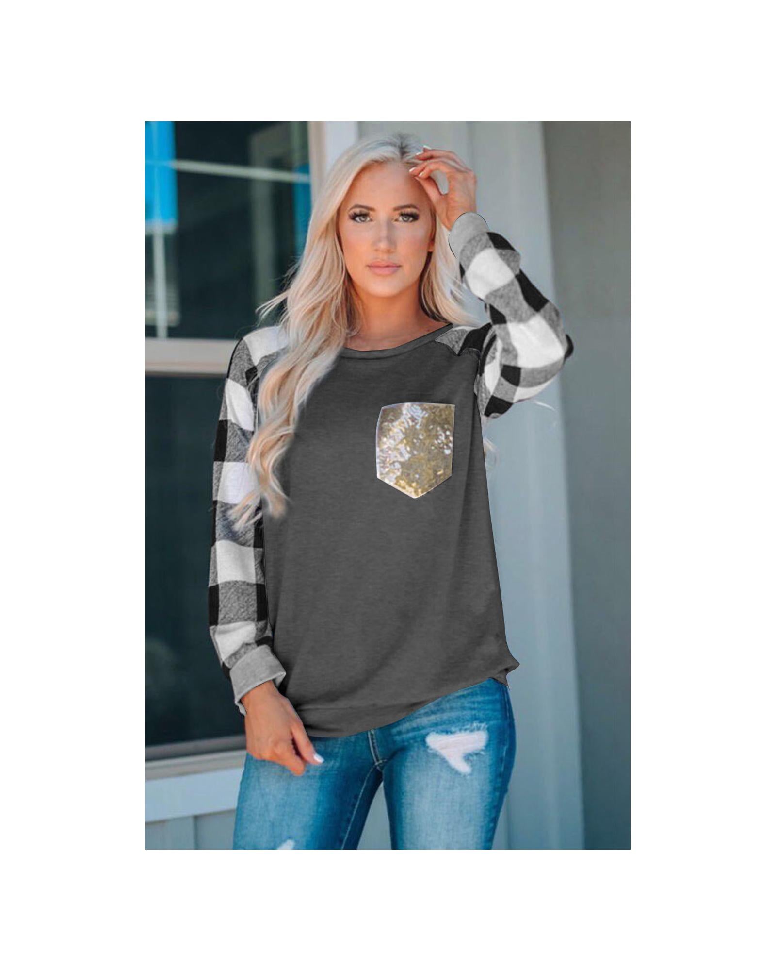 Azura Exchange Sequined Pocket Plaid Long Sleeve Top - 2XL