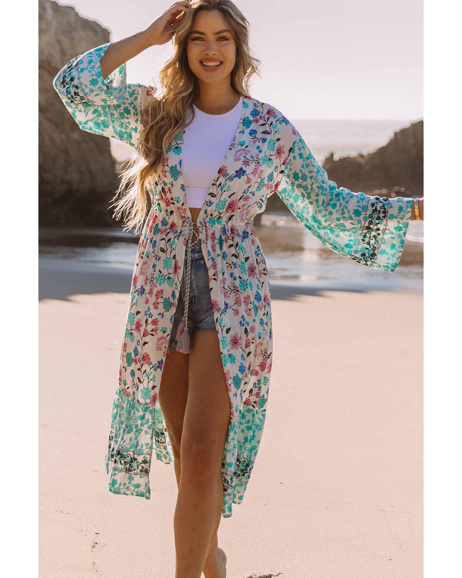 Multicolor Long Sleeve Tassel Tie Floral Kimono - L