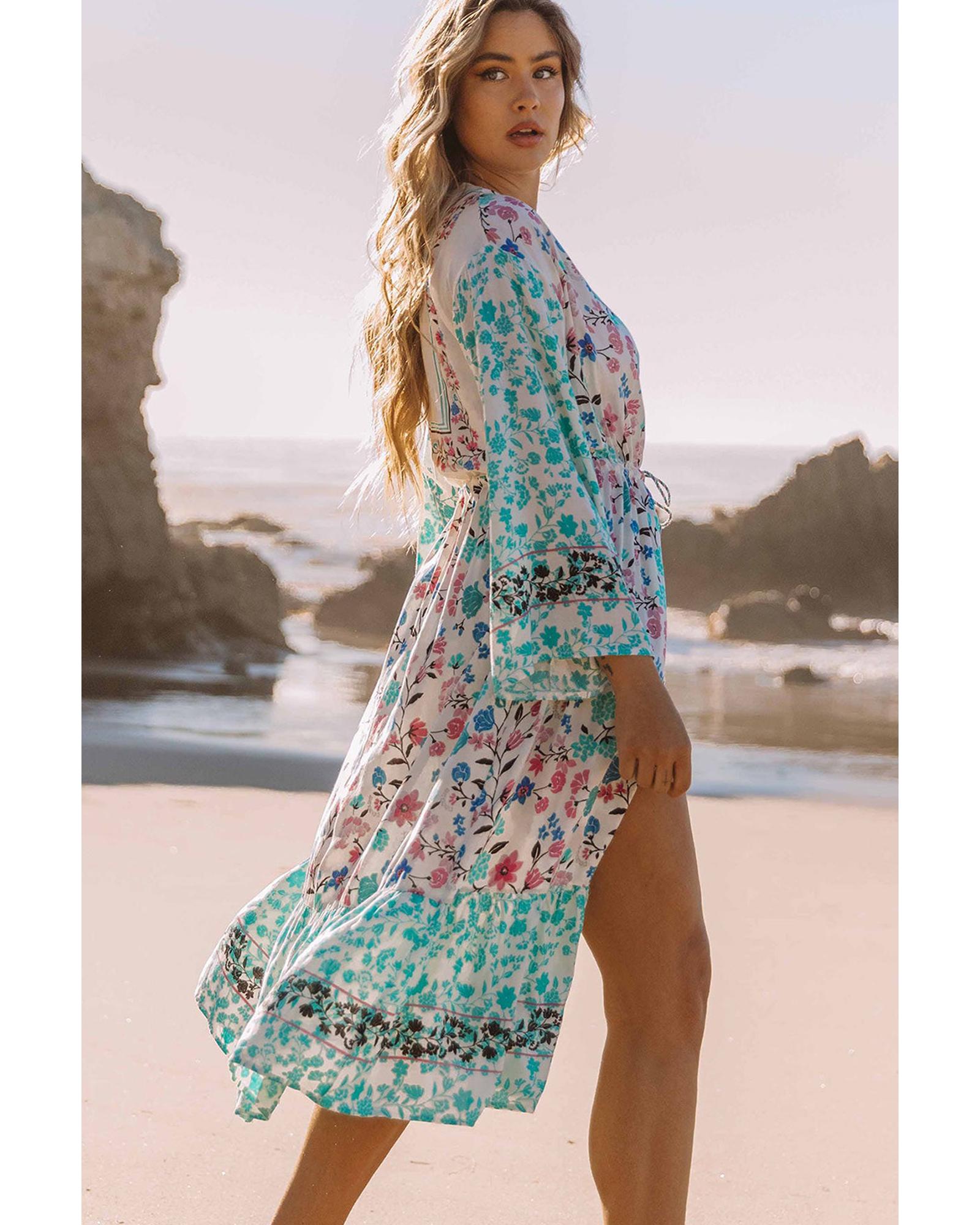 Multicolor Long Sleeve Tassel Tie Floral Kimono - L