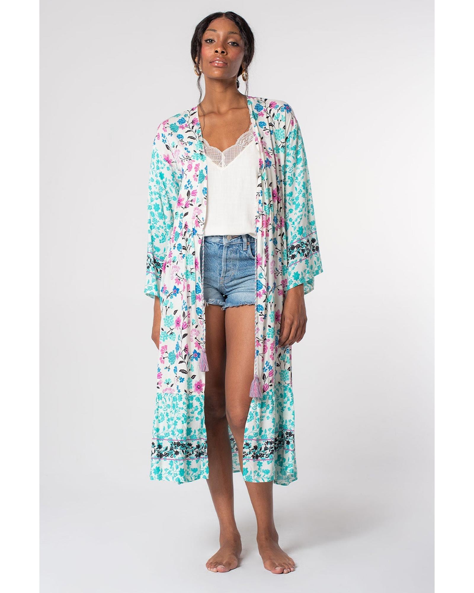 Multicolor Long Sleeve Tassel Tie Floral Kimono - L