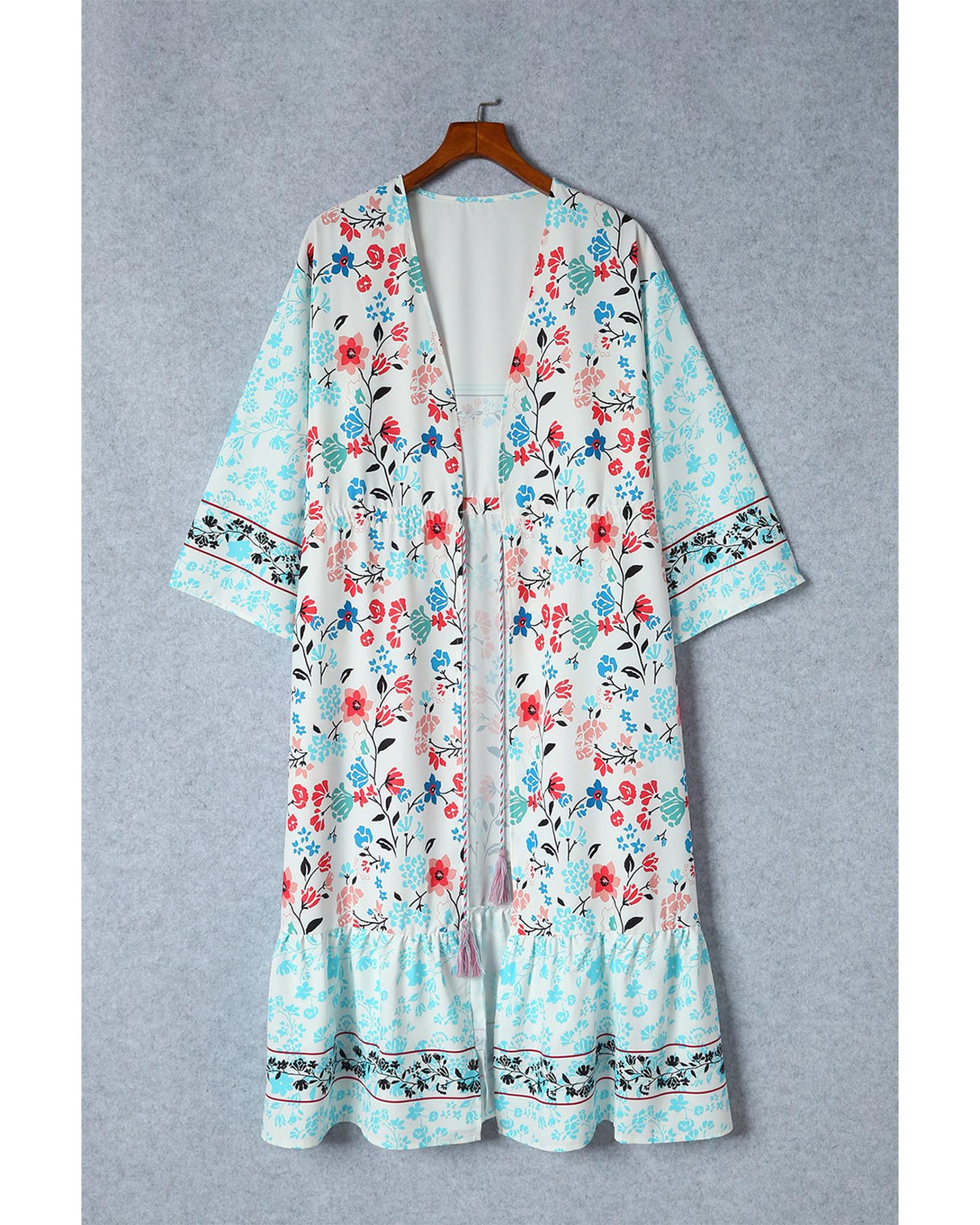 Multicolor Long Sleeve Tassel Tie Floral Kimono - L