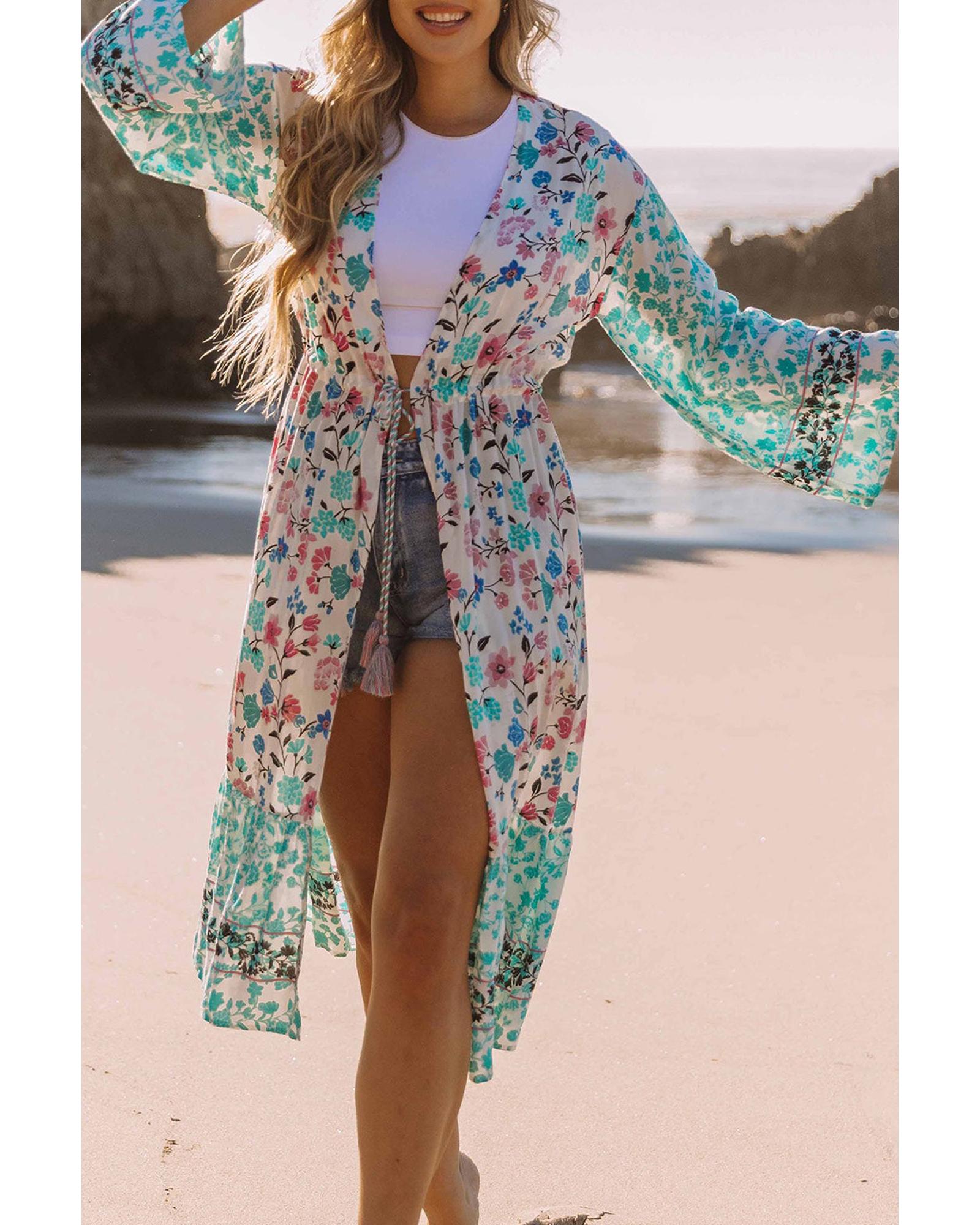 Multicolor Long Sleeve Tassel Tie Floral Kimono - L