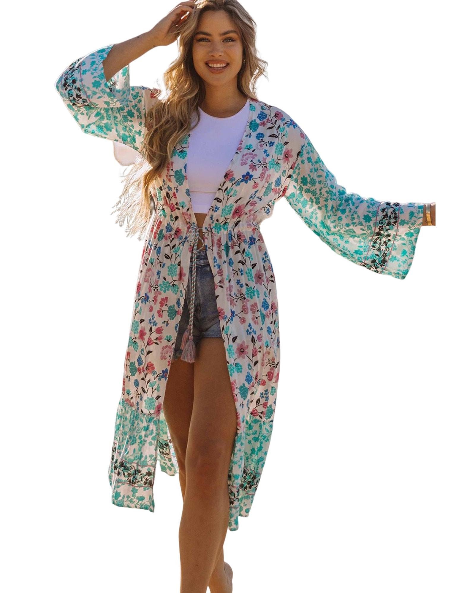 Multicolor Long Sleeve Tassel Tie Floral Kimono - L