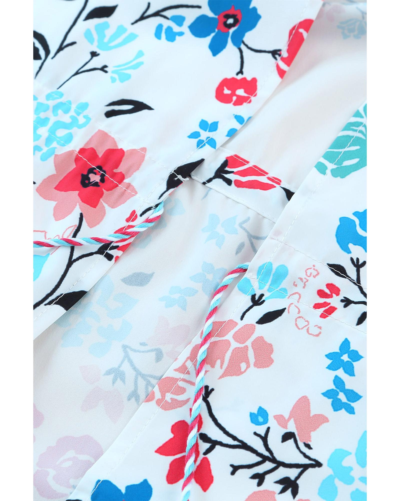 Multicolor Long Sleeve Tassel Tie Floral Kimono - L