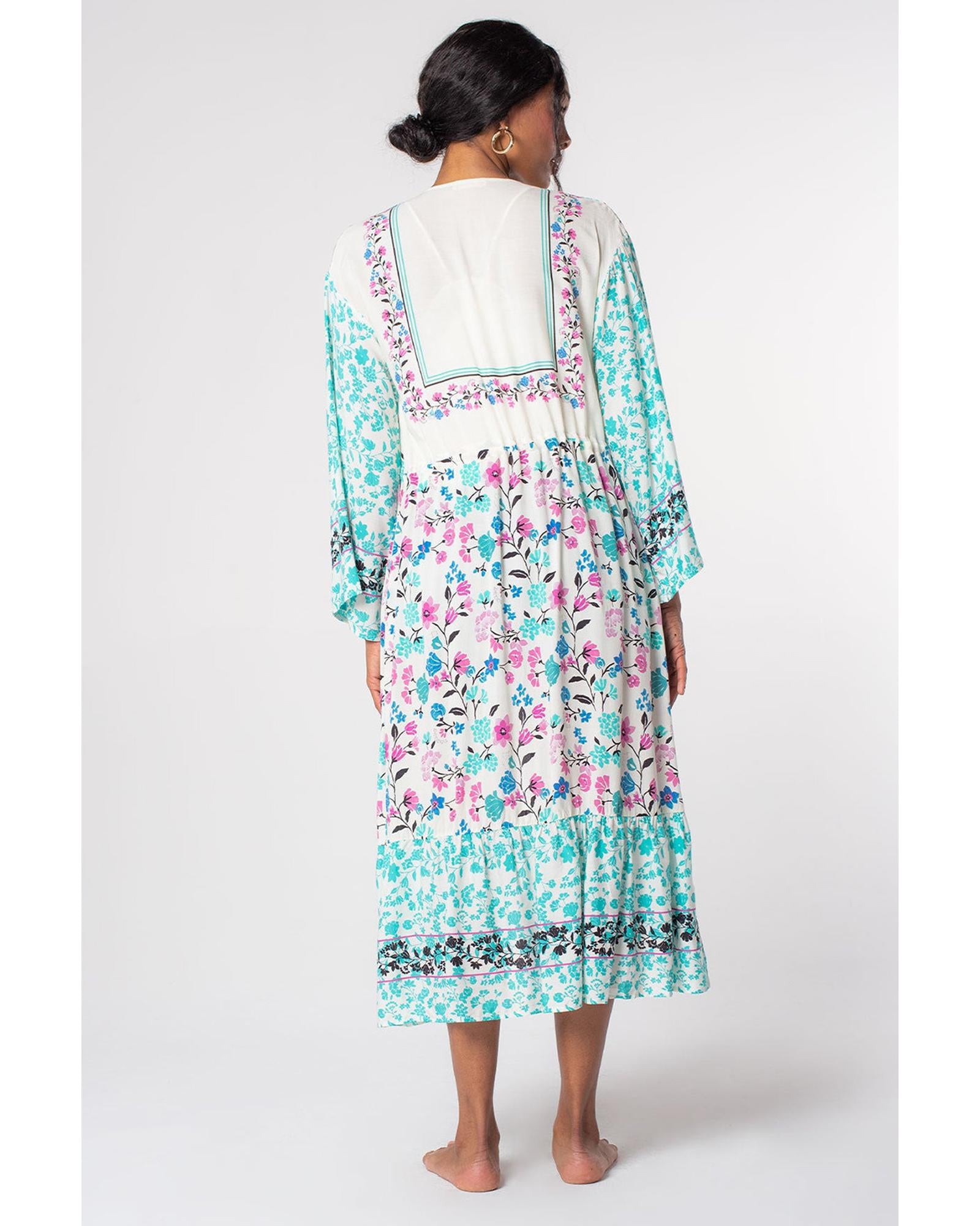 Multicolor Long Sleeve Tassel Tie Floral Kimono - L