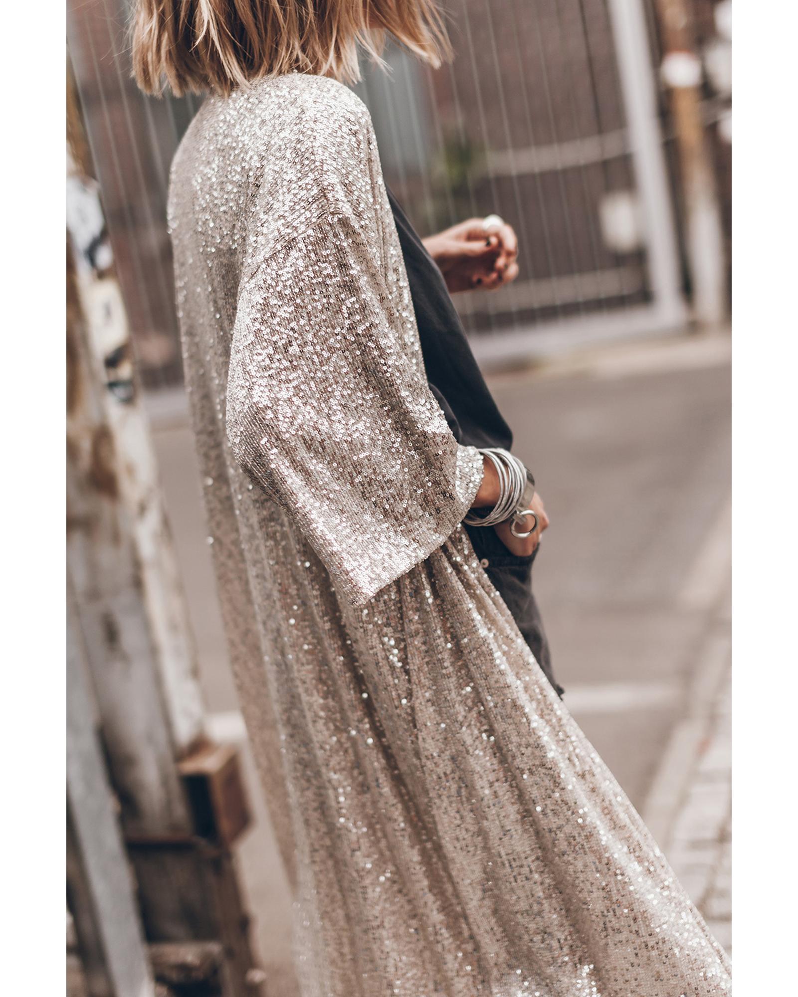 Apricot Sequin 3/4 Sleeve Open Front Duster Kimono - S