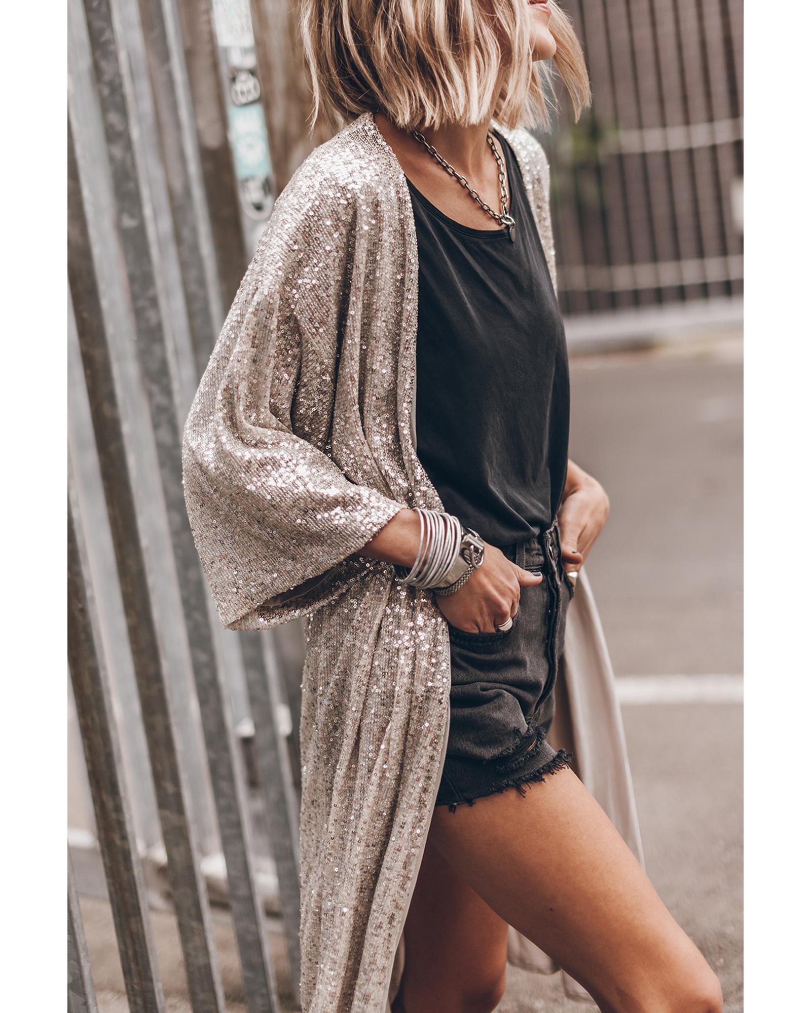 Apricot Sequin 3/4 Sleeve Open Front Duster Kimono - S