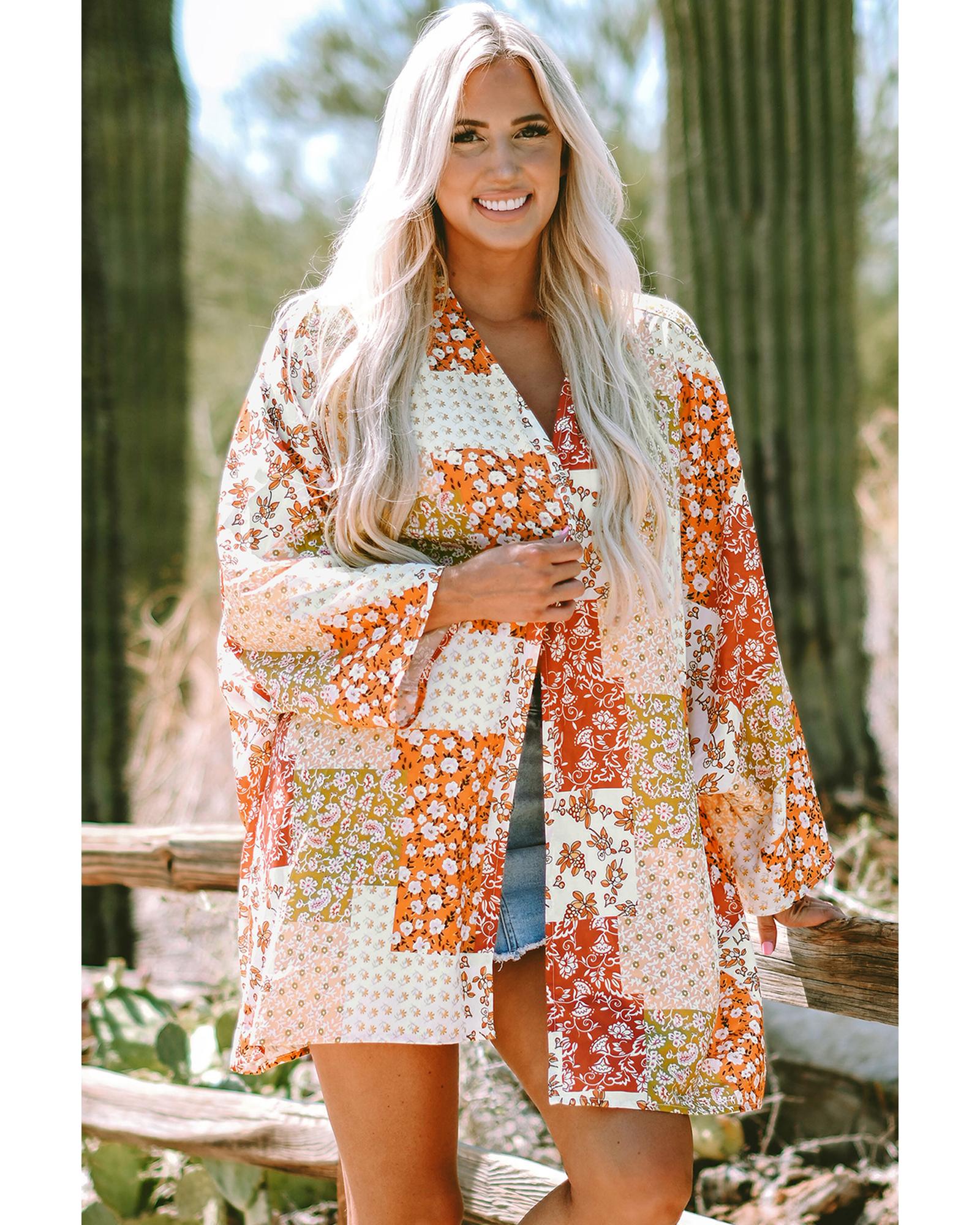 White Boho Patchwork Floral Open Front Kimono - One Size