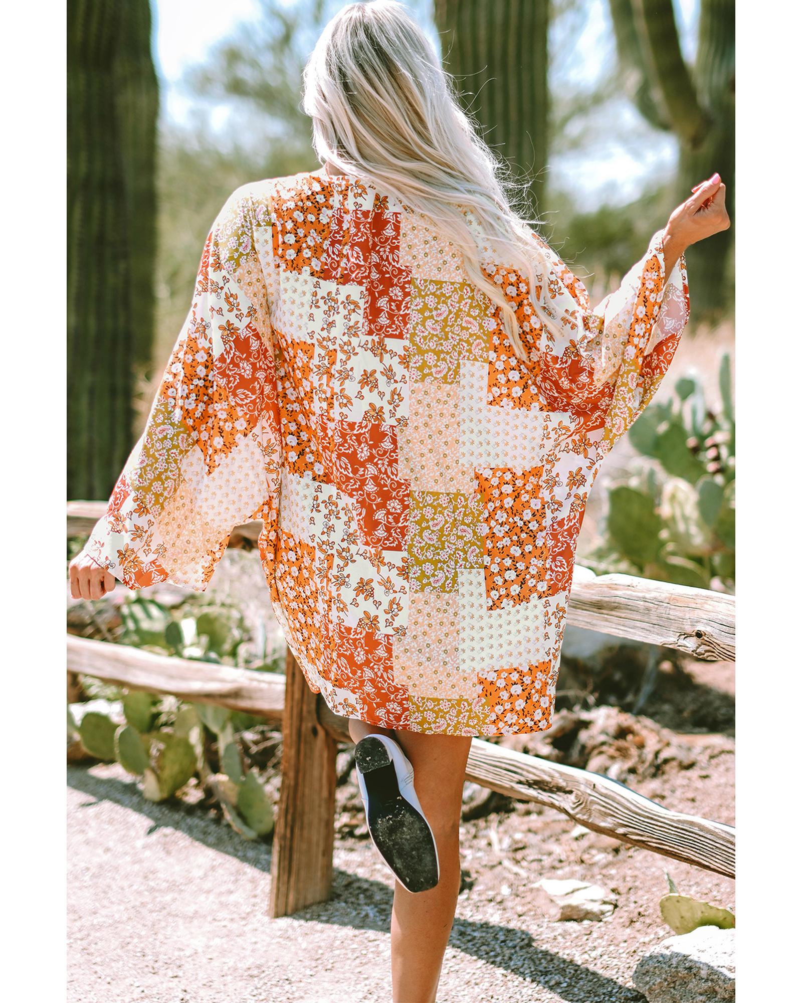 White Boho Patchwork Floral Open Front Kimono - One Size