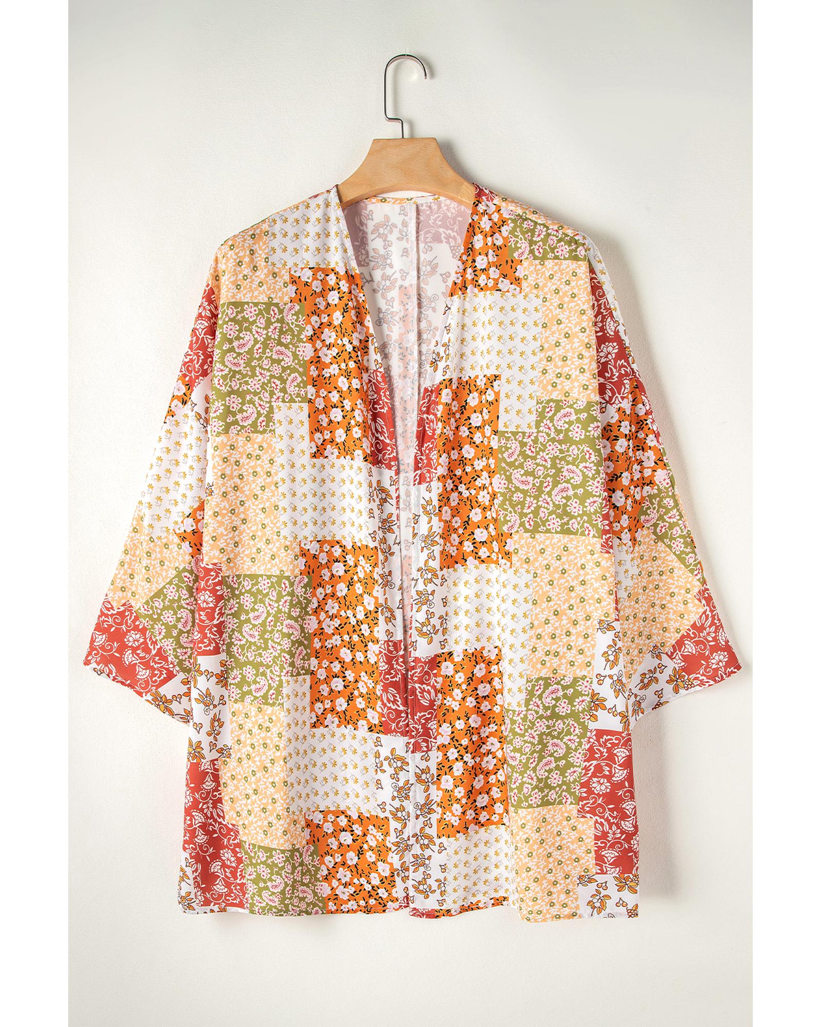 White Boho Patchwork Floral Open Front Kimono - One Size