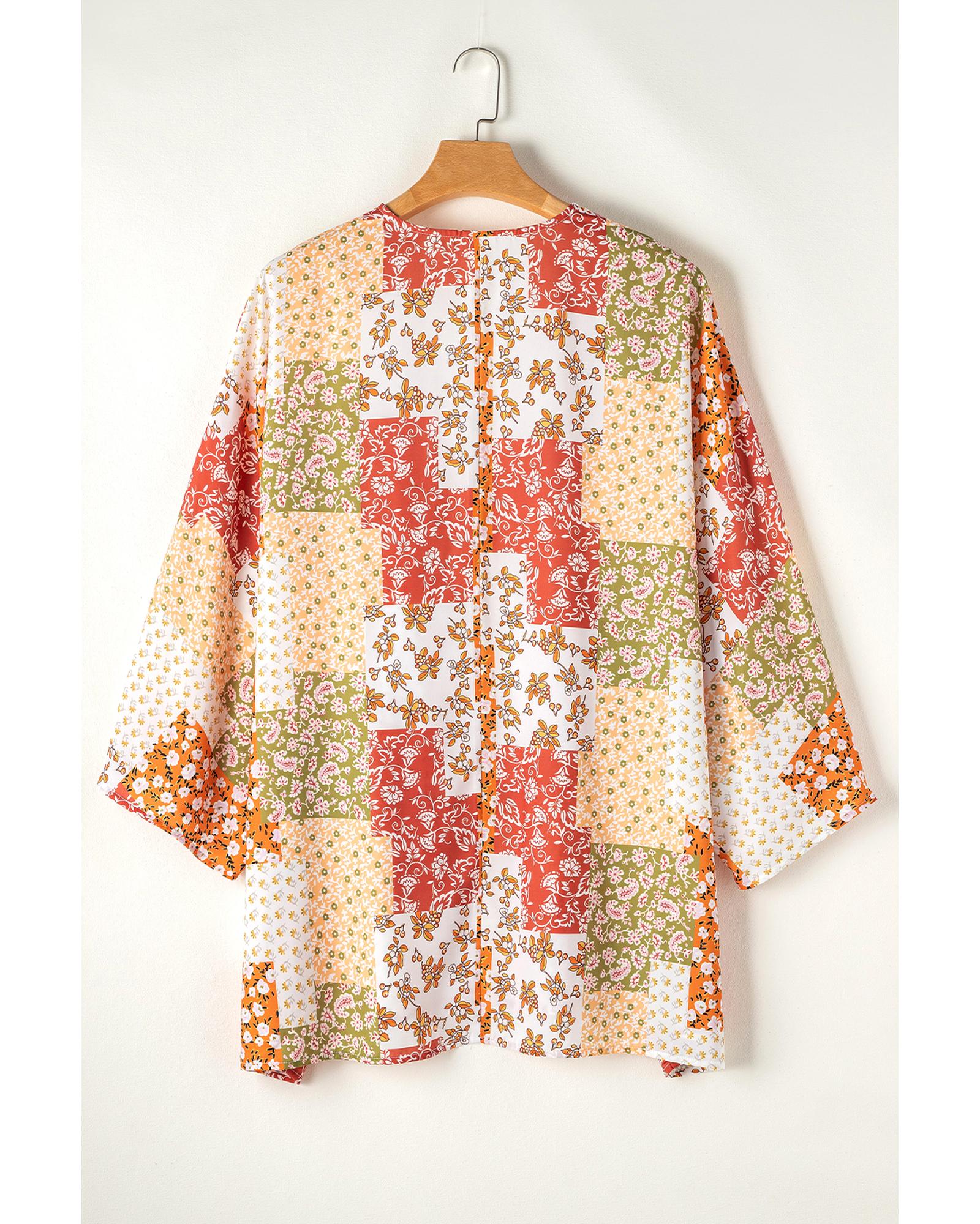 White Boho Patchwork Floral Open Front Kimono - One Size