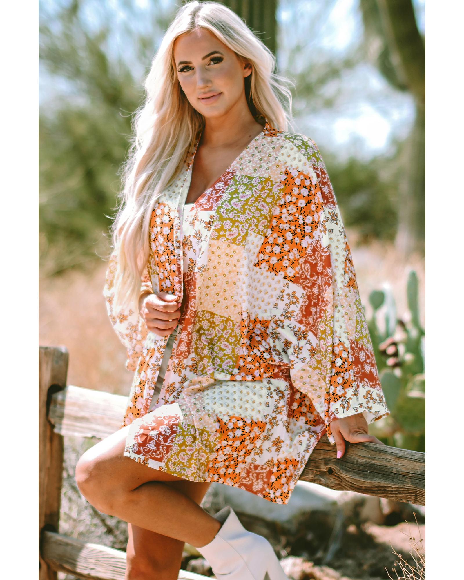 White Boho Patchwork Floral Open Front Kimono - One Size