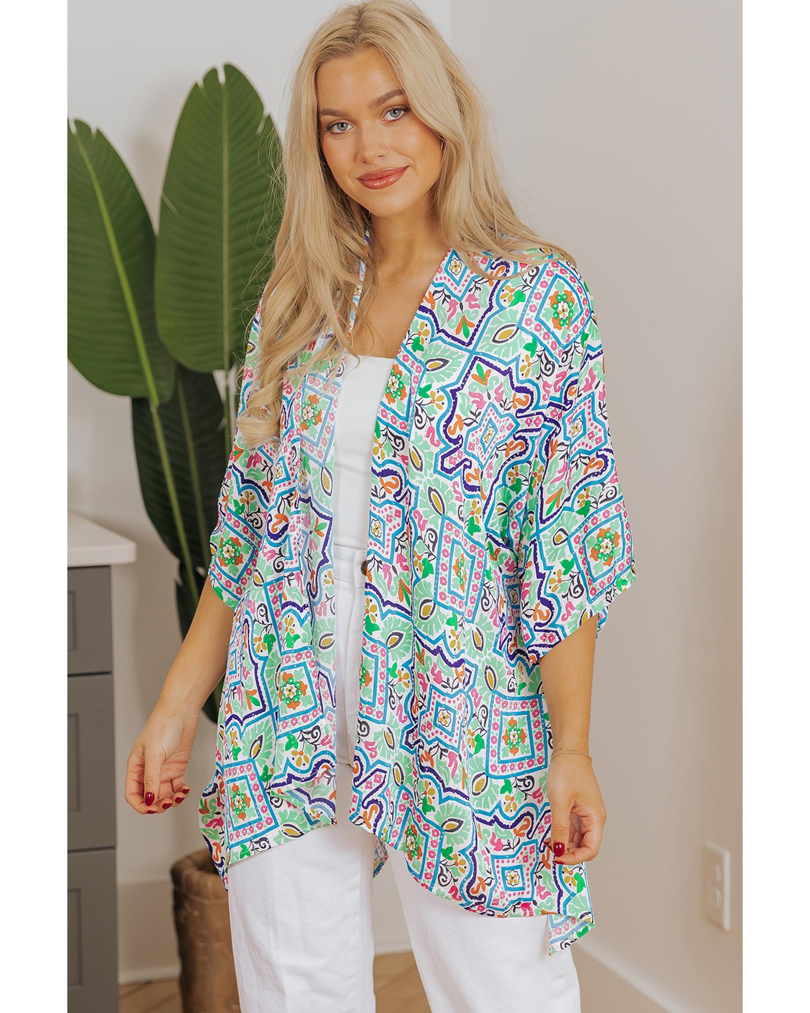 White Boho Floral Printed Rhinestone 3/4 Sleeve Open Front Kimono - M