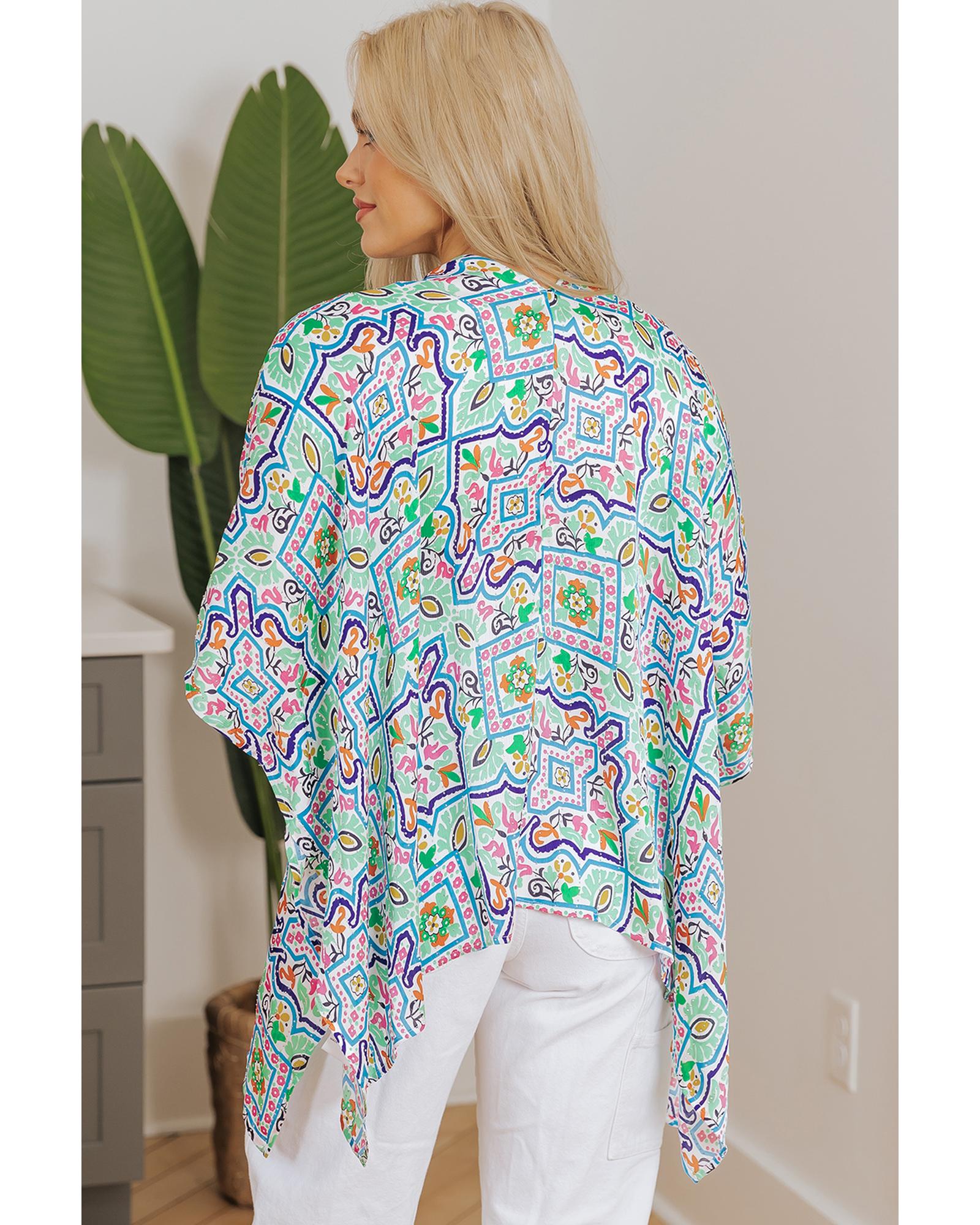 White Boho Floral Printed Rhinestone 3/4 Sleeve Open Front Kimono - M