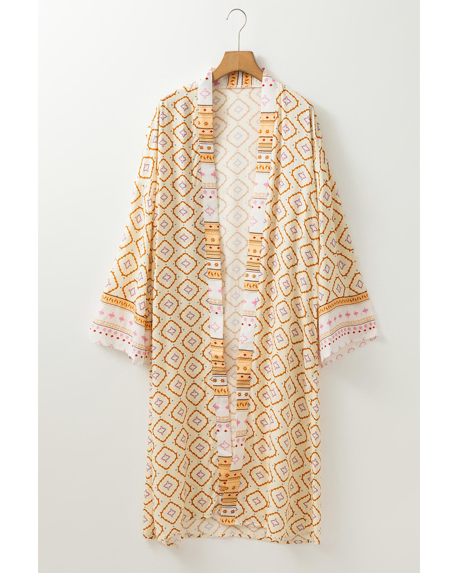 Yellow Bohemian Geometric Printed Loose Sleeve Long Kimono - S