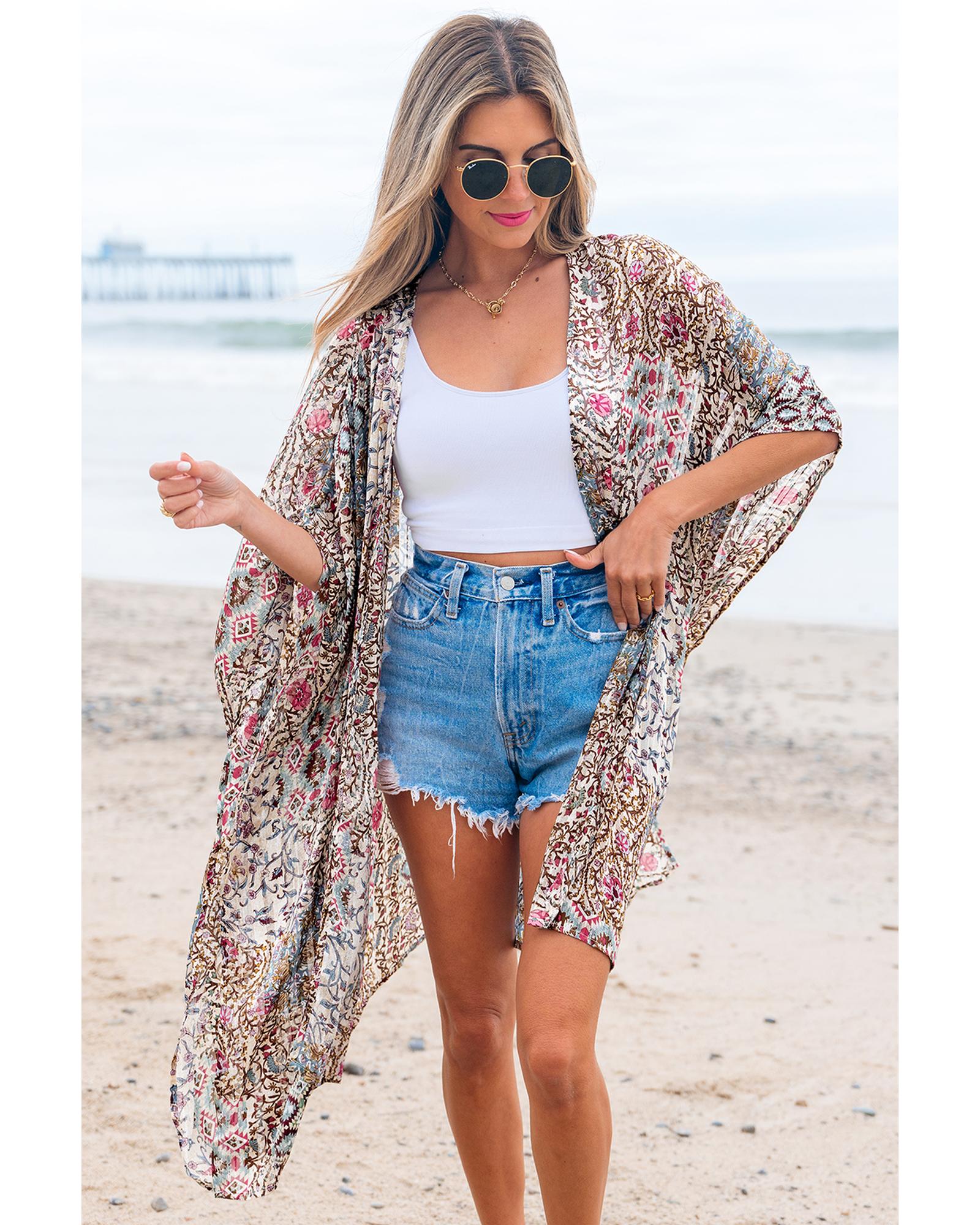 Apricot Floral Print Short Wide Sleeve Open Front Loose Kimono - One Size