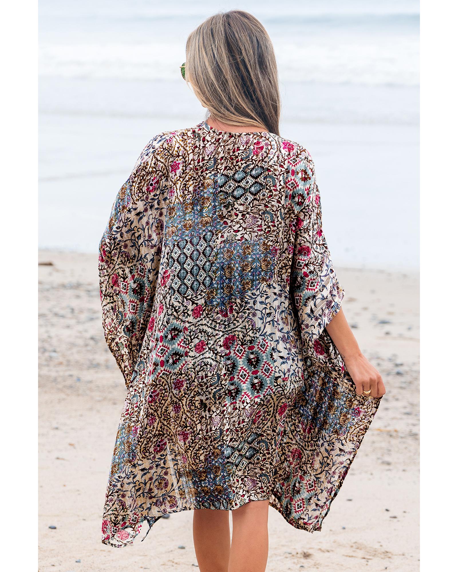 Apricot Floral Print Short Wide Sleeve Open Front Loose Kimono - One Size